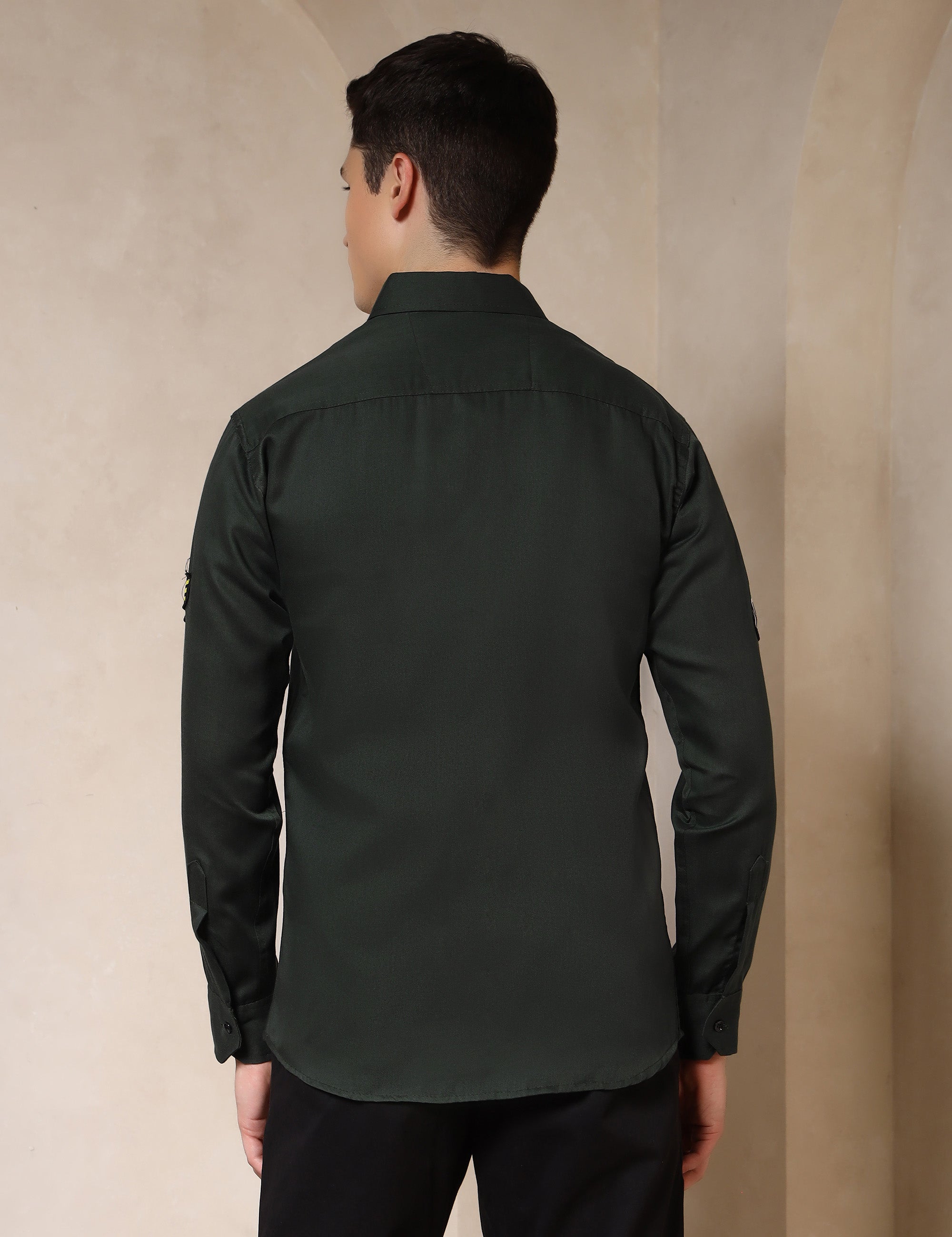 Urban Style Embroidery Patch Olive Green Cotton Blend Shirt