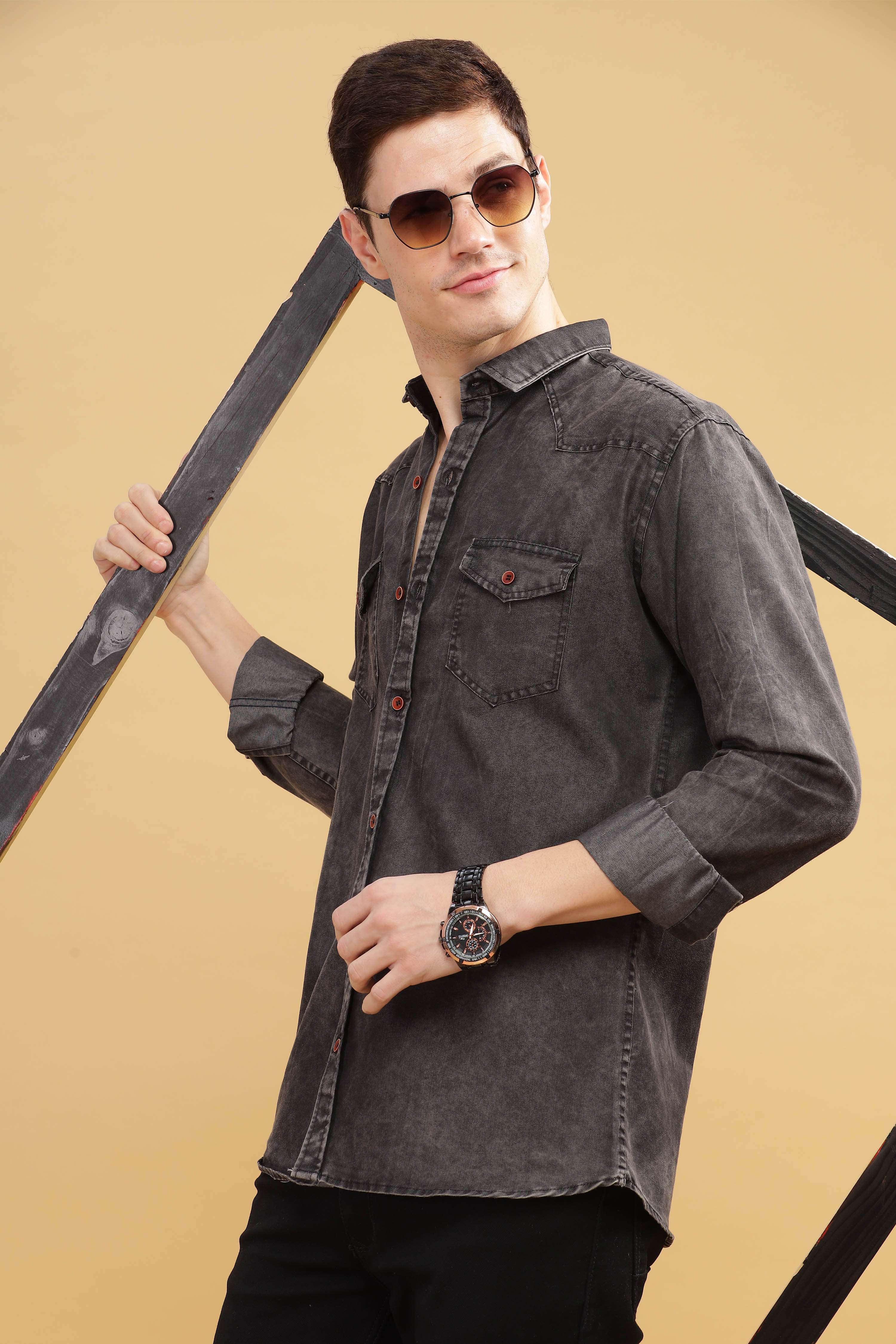 Men’s Washed Black Denim Utility Shirt