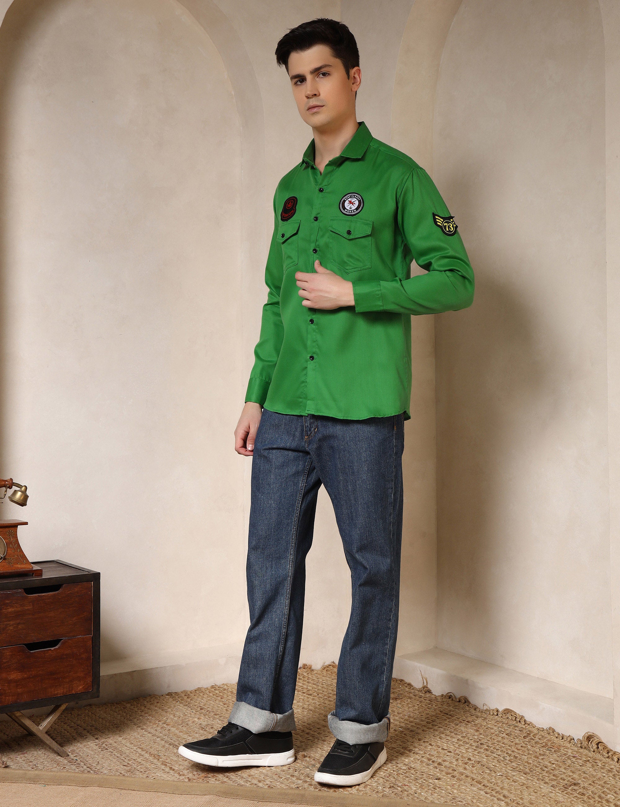 Urban Style Embroidery Patch Bright Green Cotton Blend Shirt