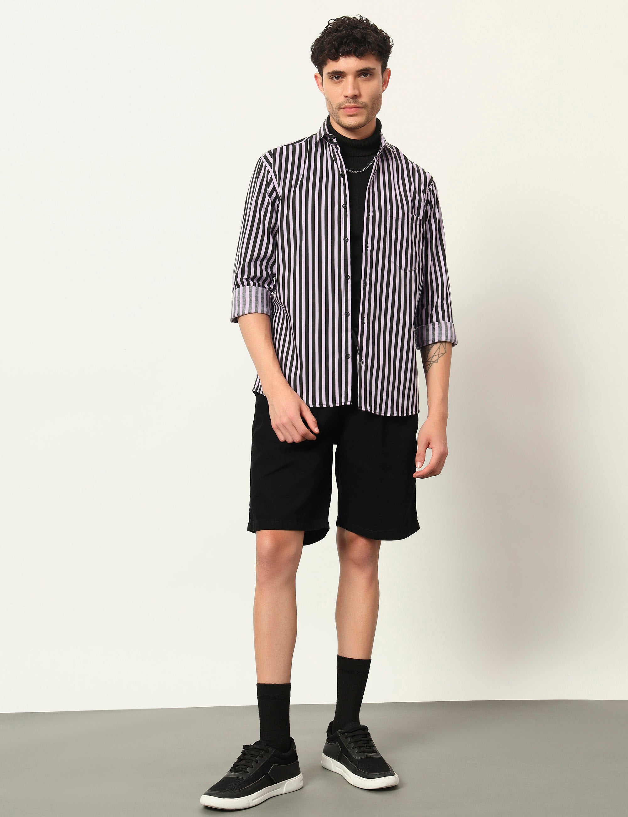 Inferno Stripes Casual Lavender Cotton Blend Shirt