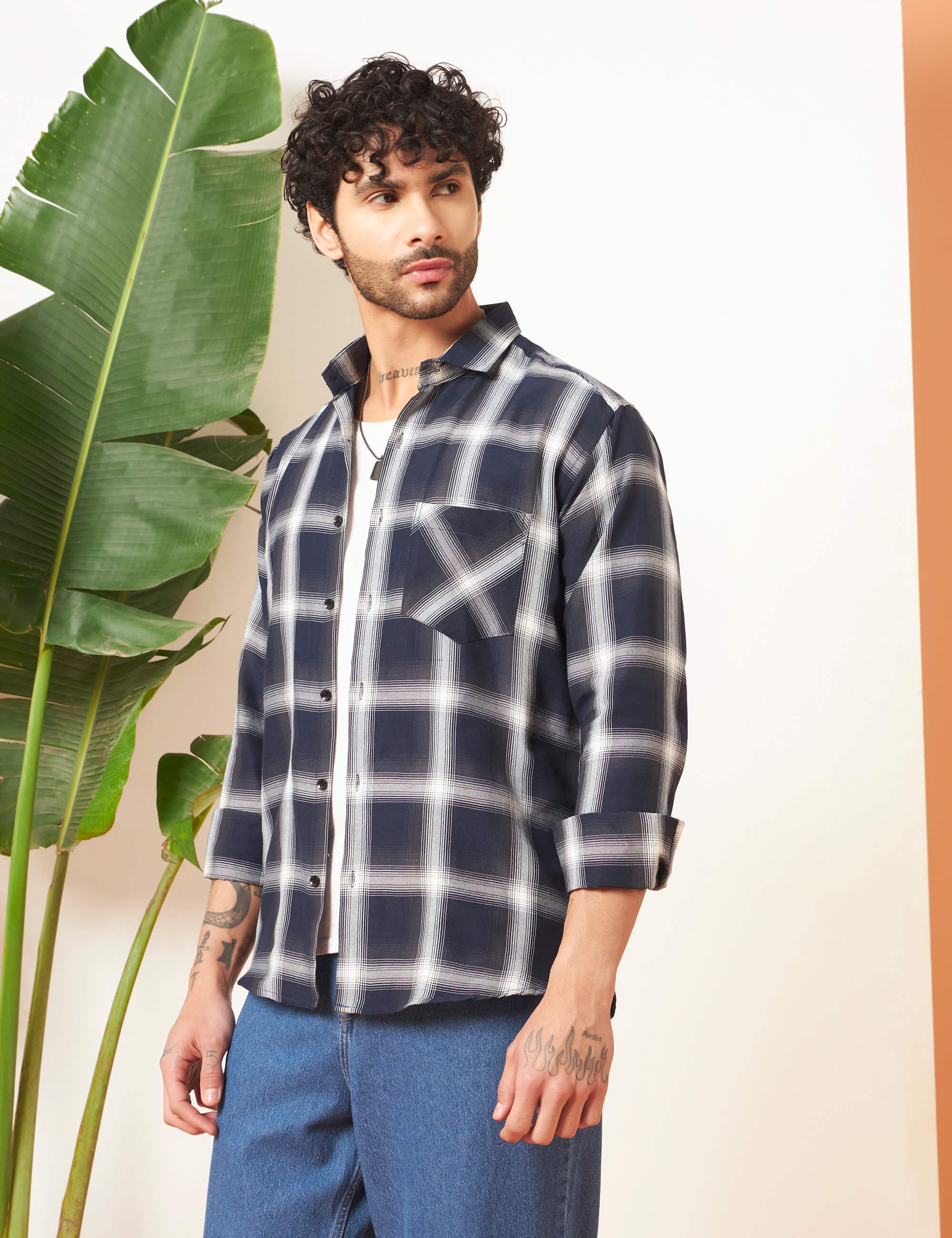 Urban Grid Navy Cotton-Blend Shirt