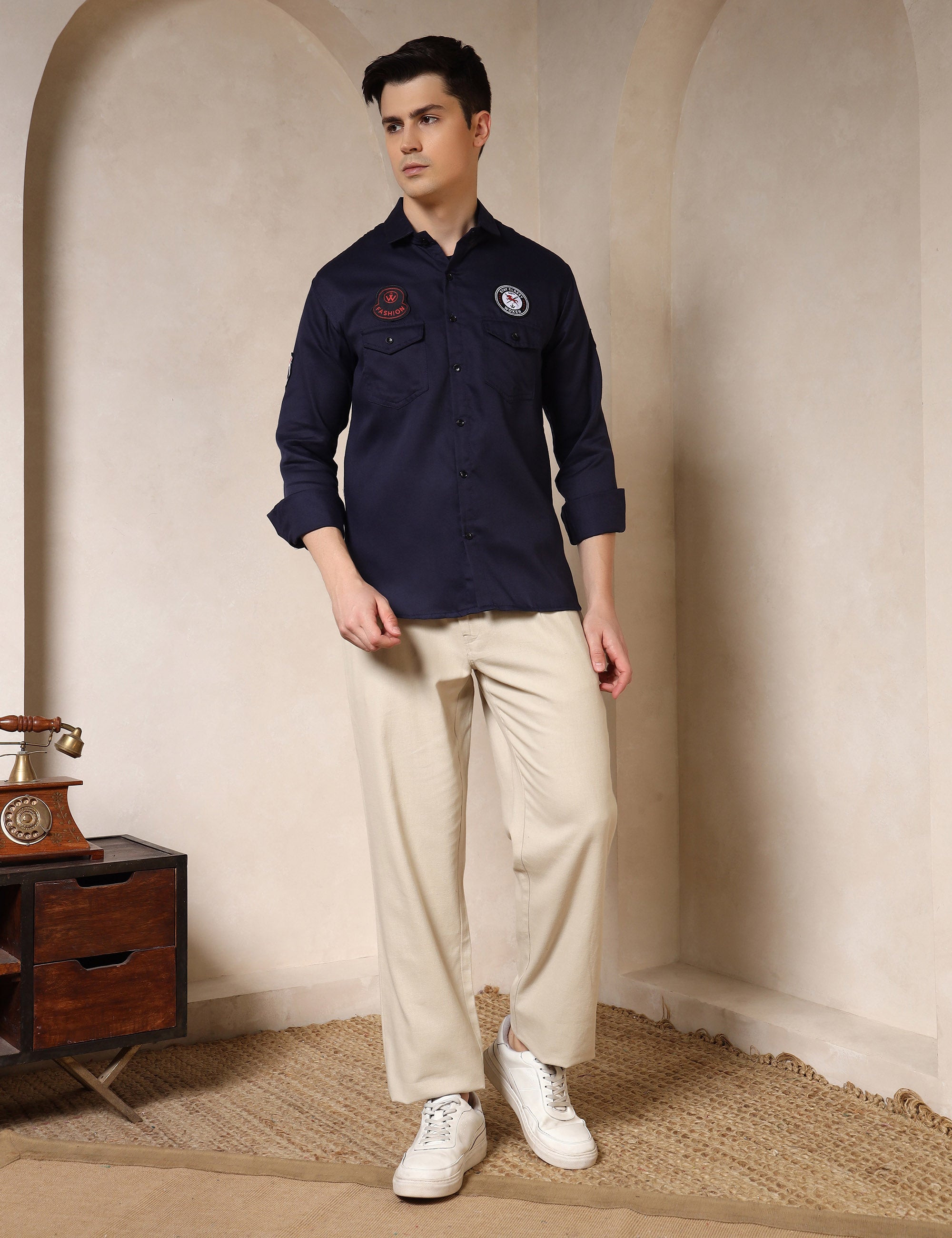 Urban Style Embroidery Patch Navy Blue Cotton Blend Shirt