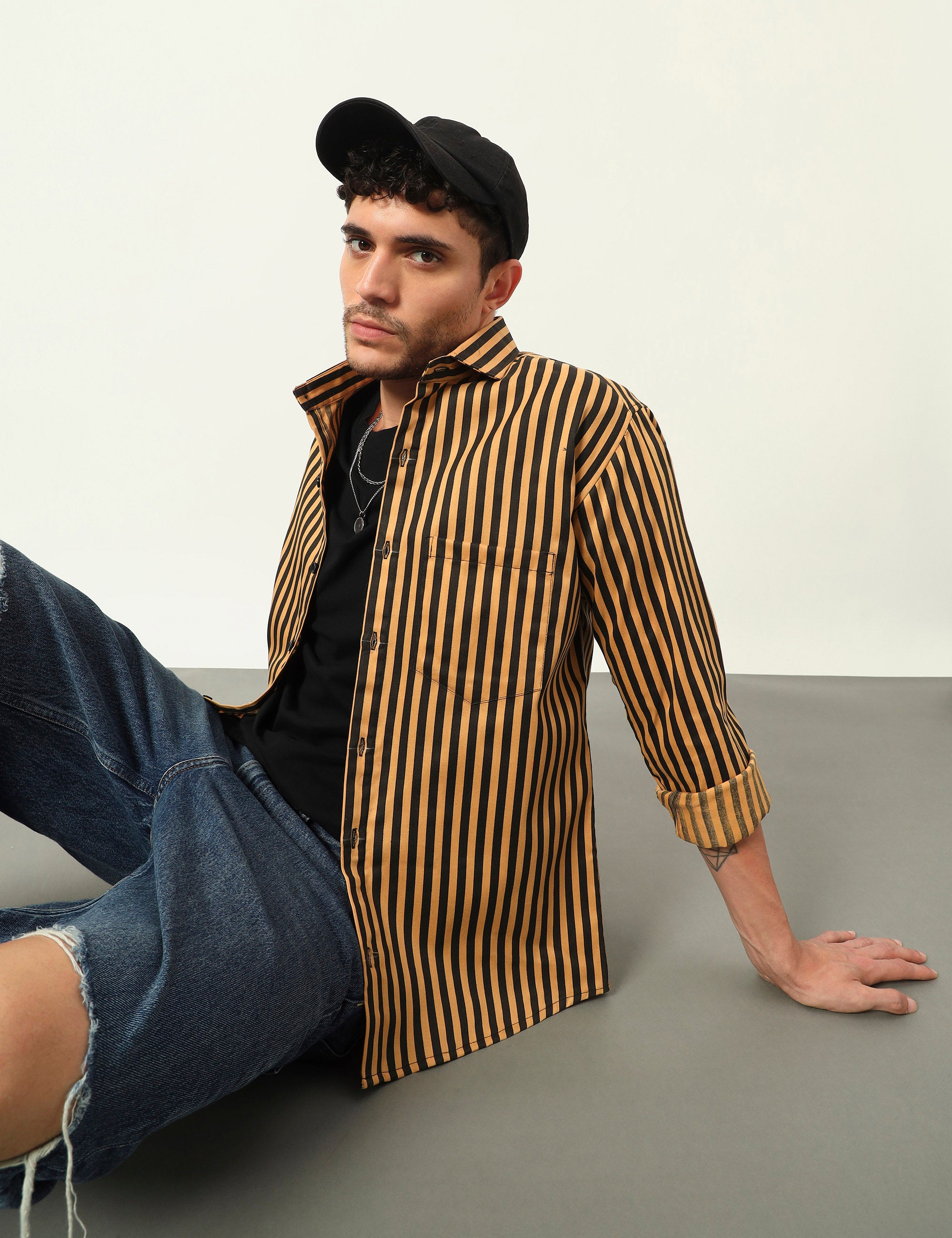 Inferno Stripes Casual Ochre Yellow Cotton Blend Shirt