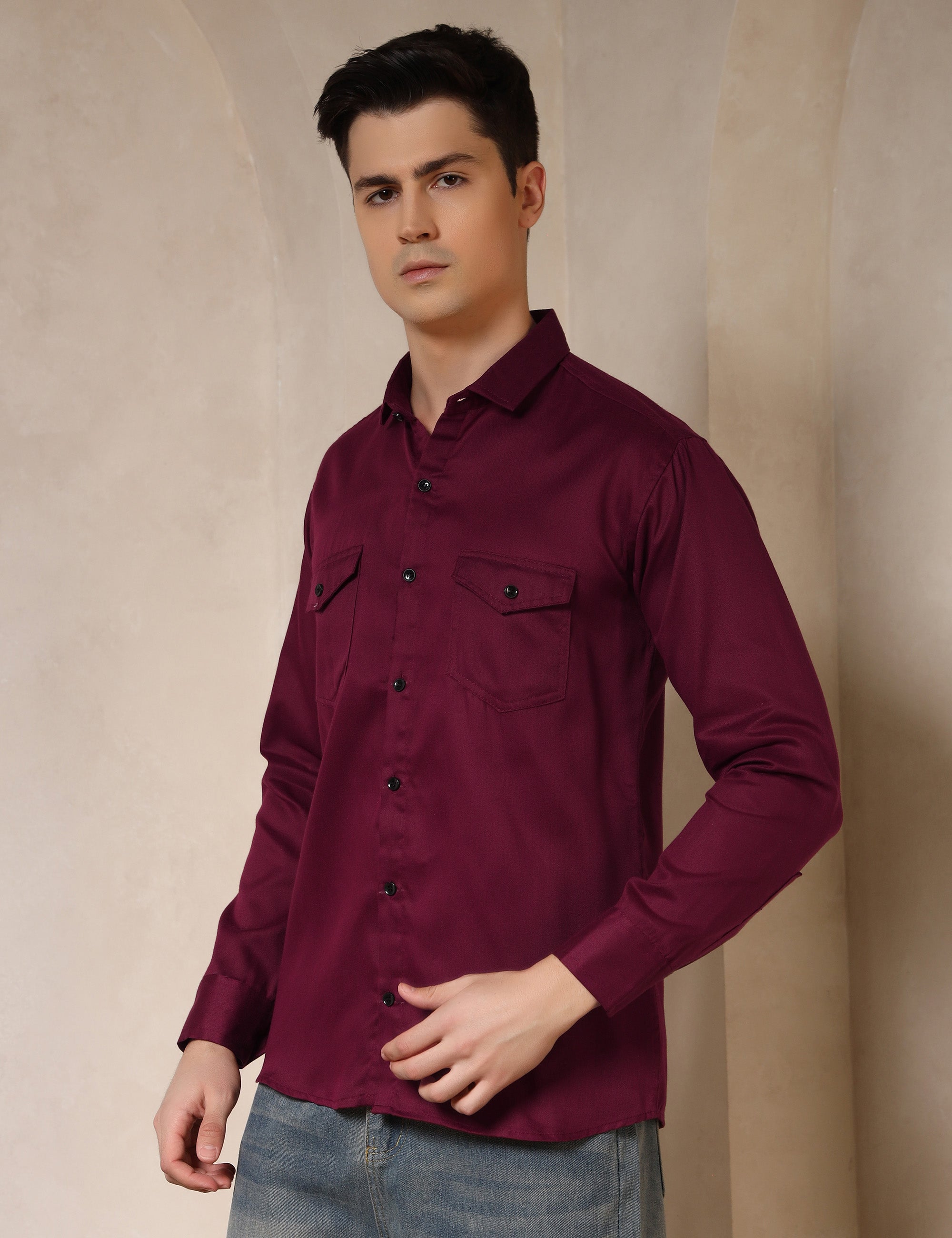 Classic Maroon Dual Pocket Cotton Blend Shirt