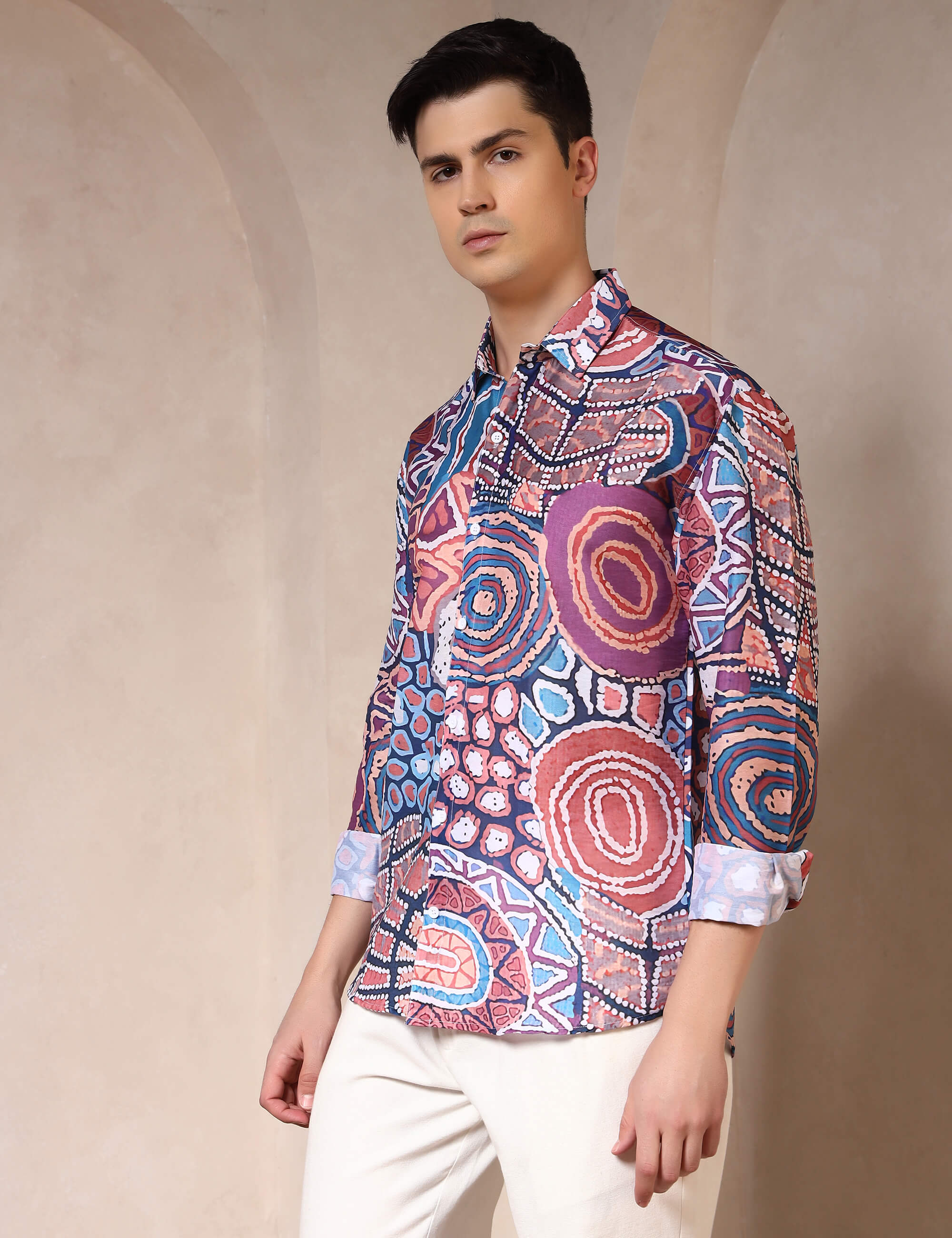 Vibrant Tribal Pattern Printed Cotton Blend Casual Shirt