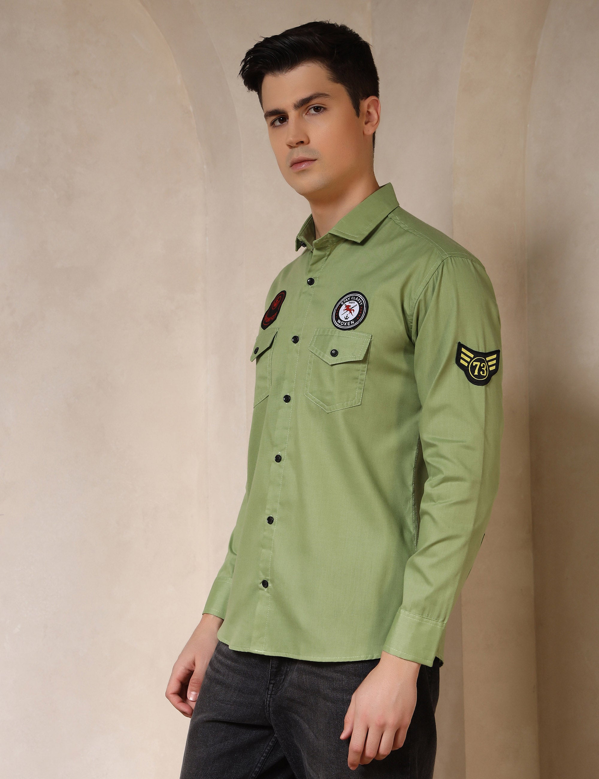 Urban Style Embroidery Patch Light Green Cotton Blend Shirt