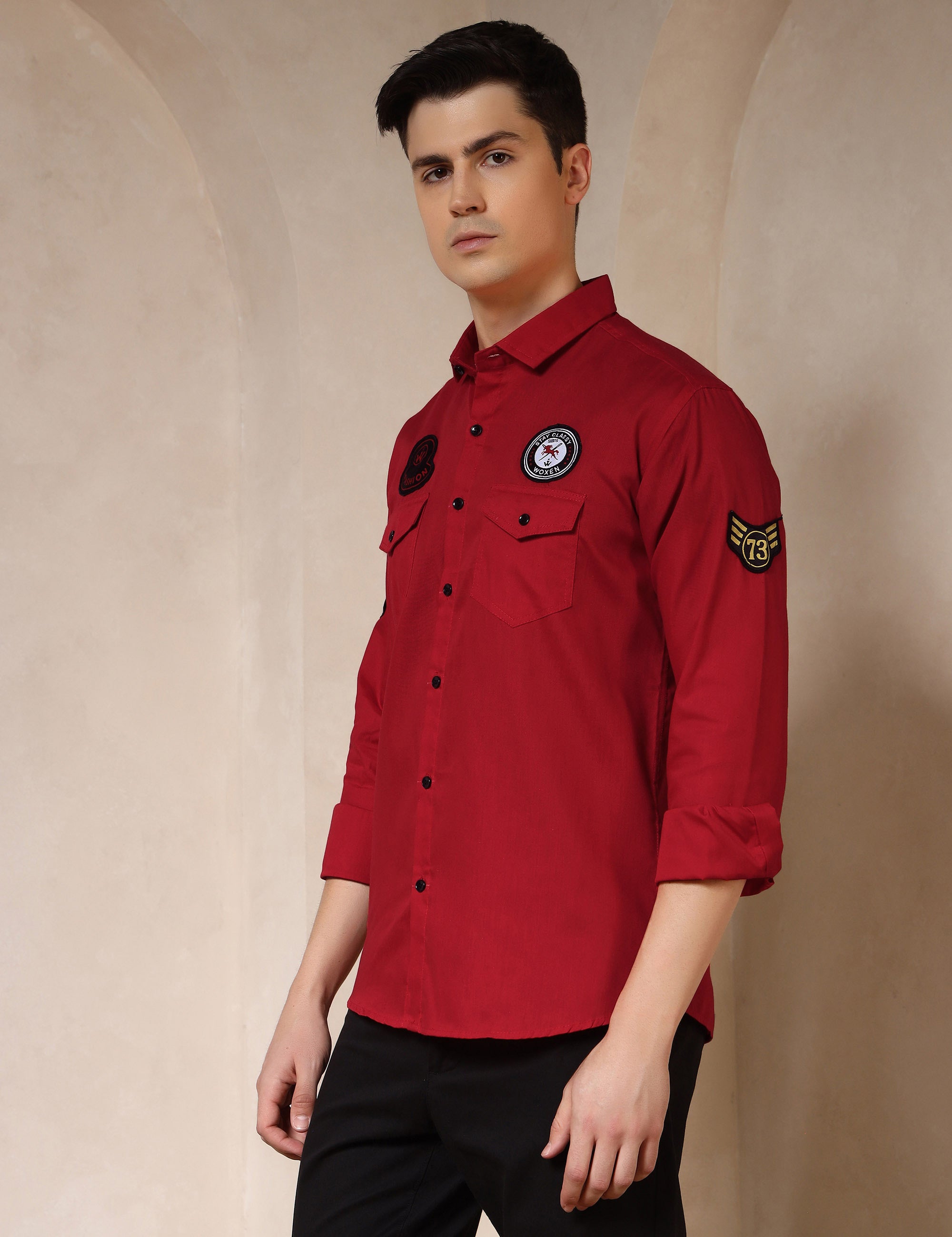 Urban Style Embroidery Patch Red Cotton Blend Shirt
