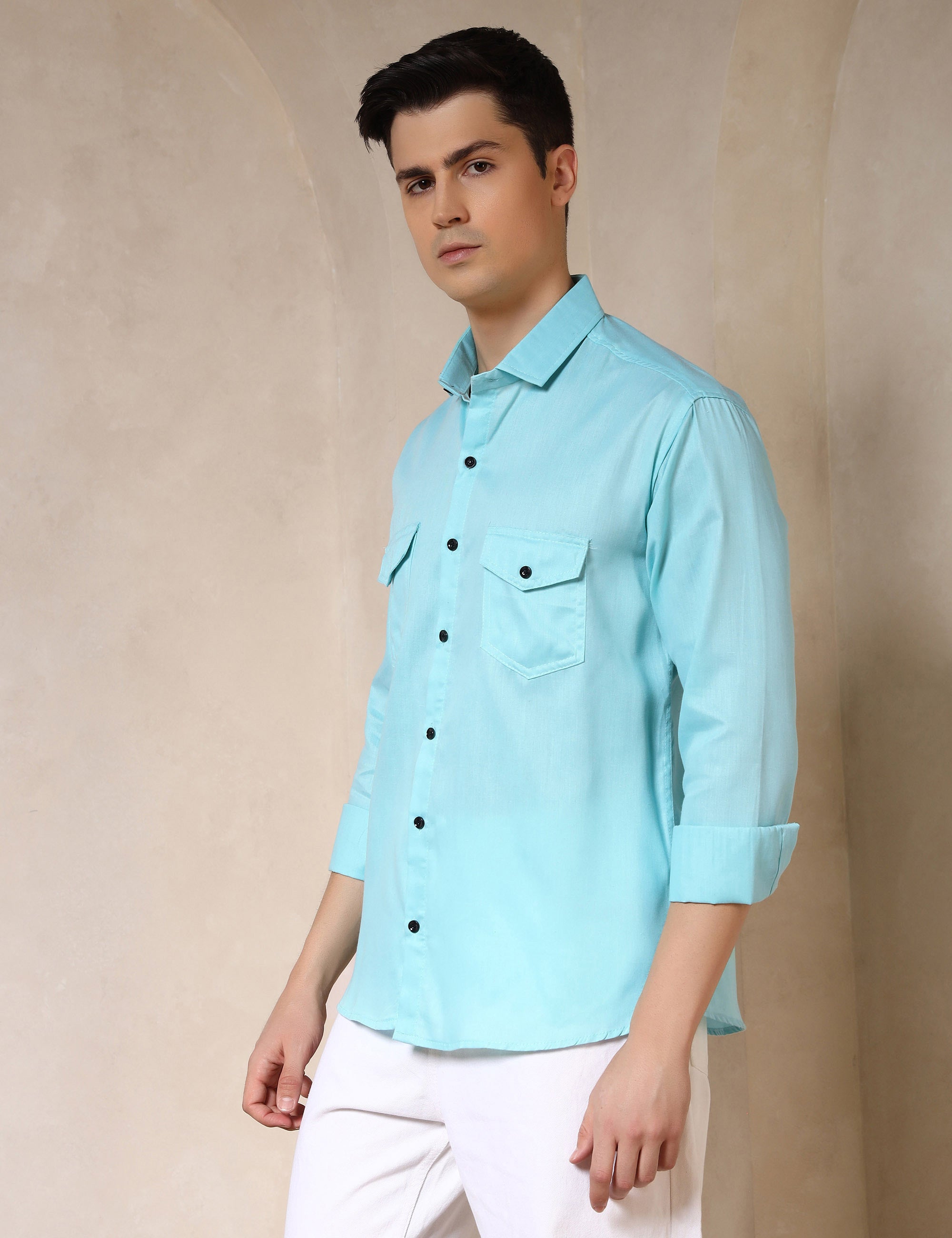 Classic Sea Green Dual Pocket Cotton Blend Shirt