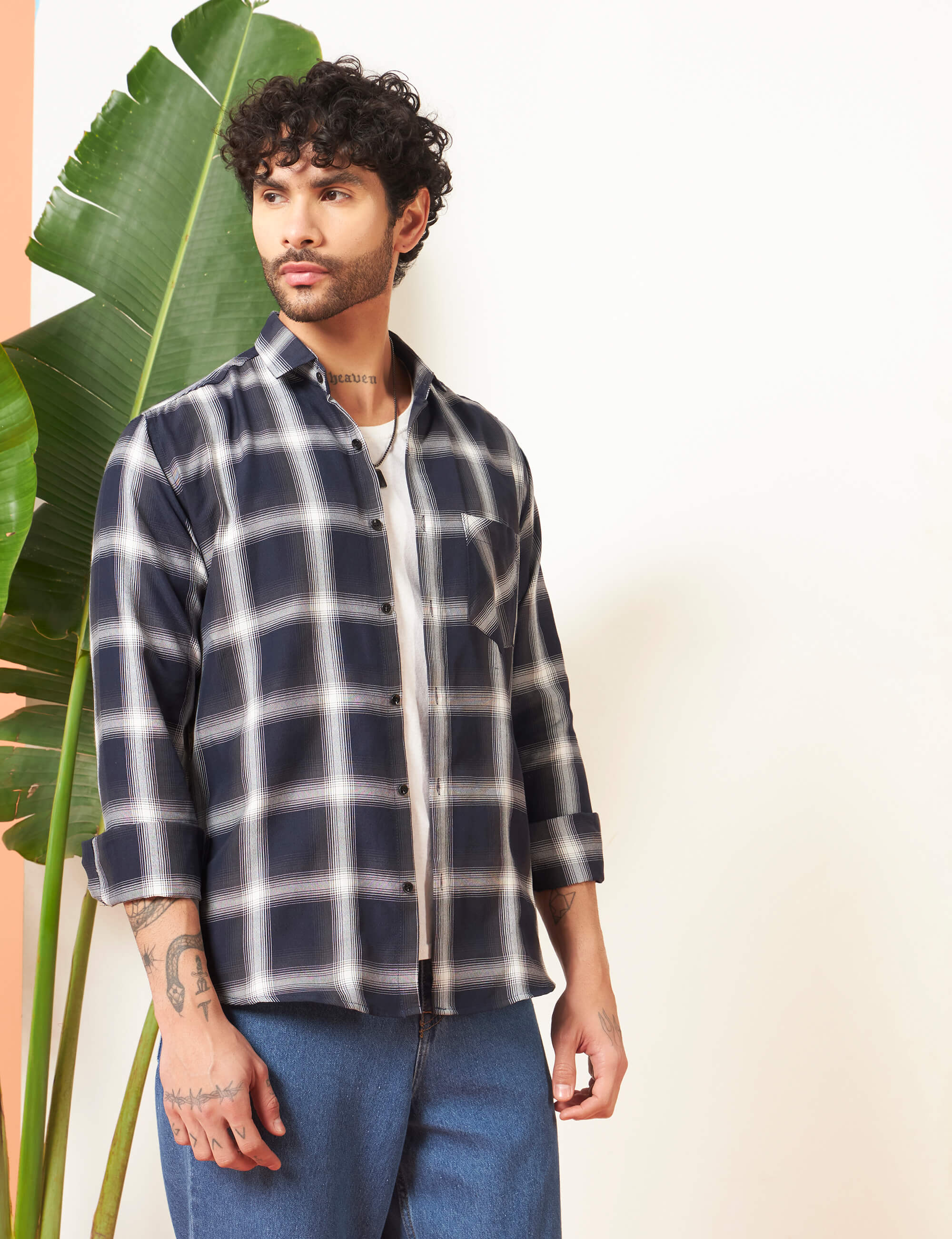 Urban Grid Navy Cotton-Blend Shirt