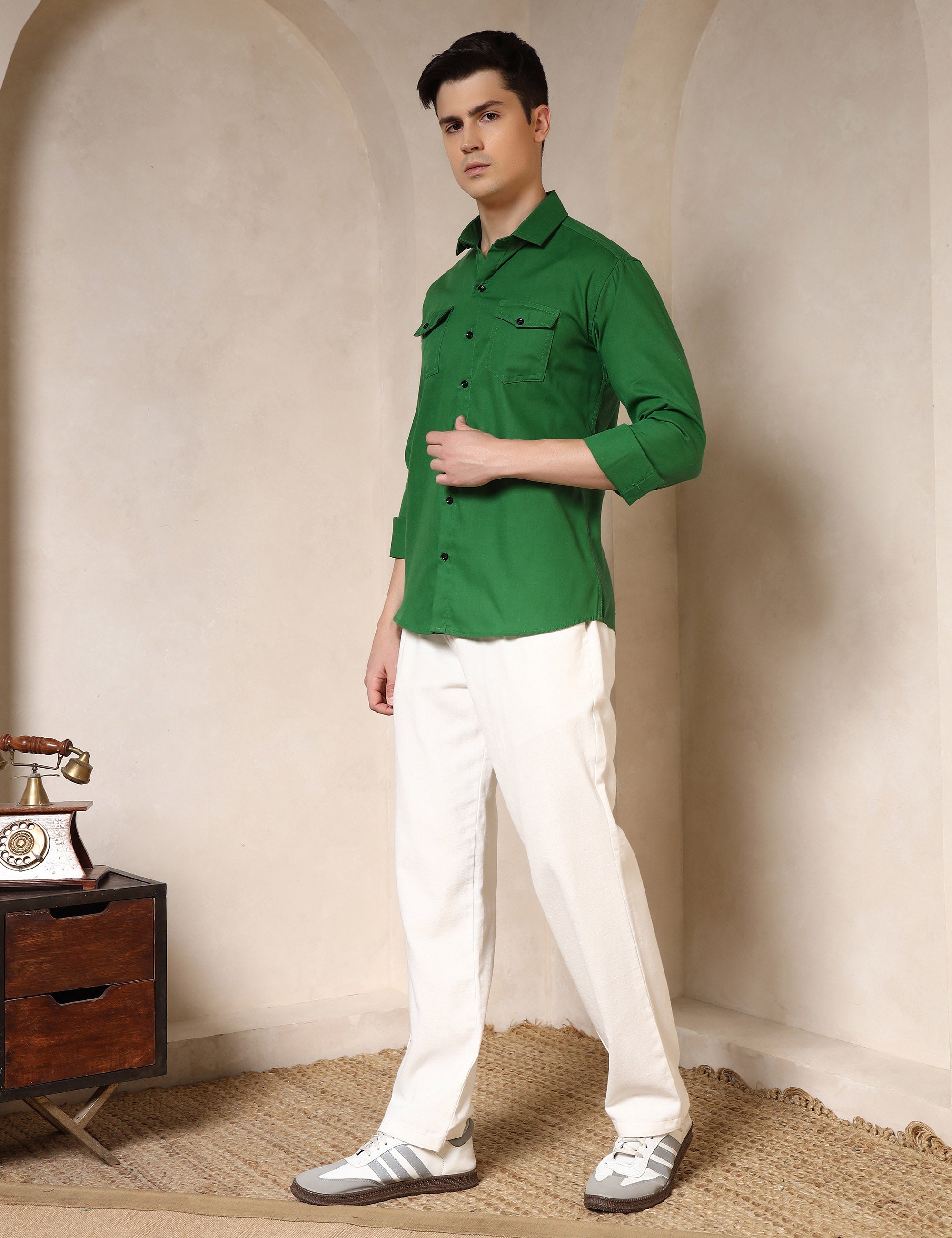 Classic Bright Green Dual Pocket Cotton Blend Shirt