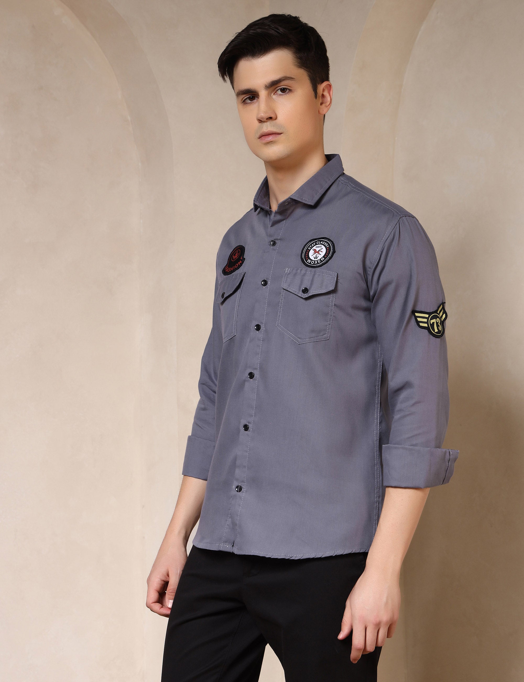 Urban Style Embroidery Patch Grey Cotton Blend Shirt