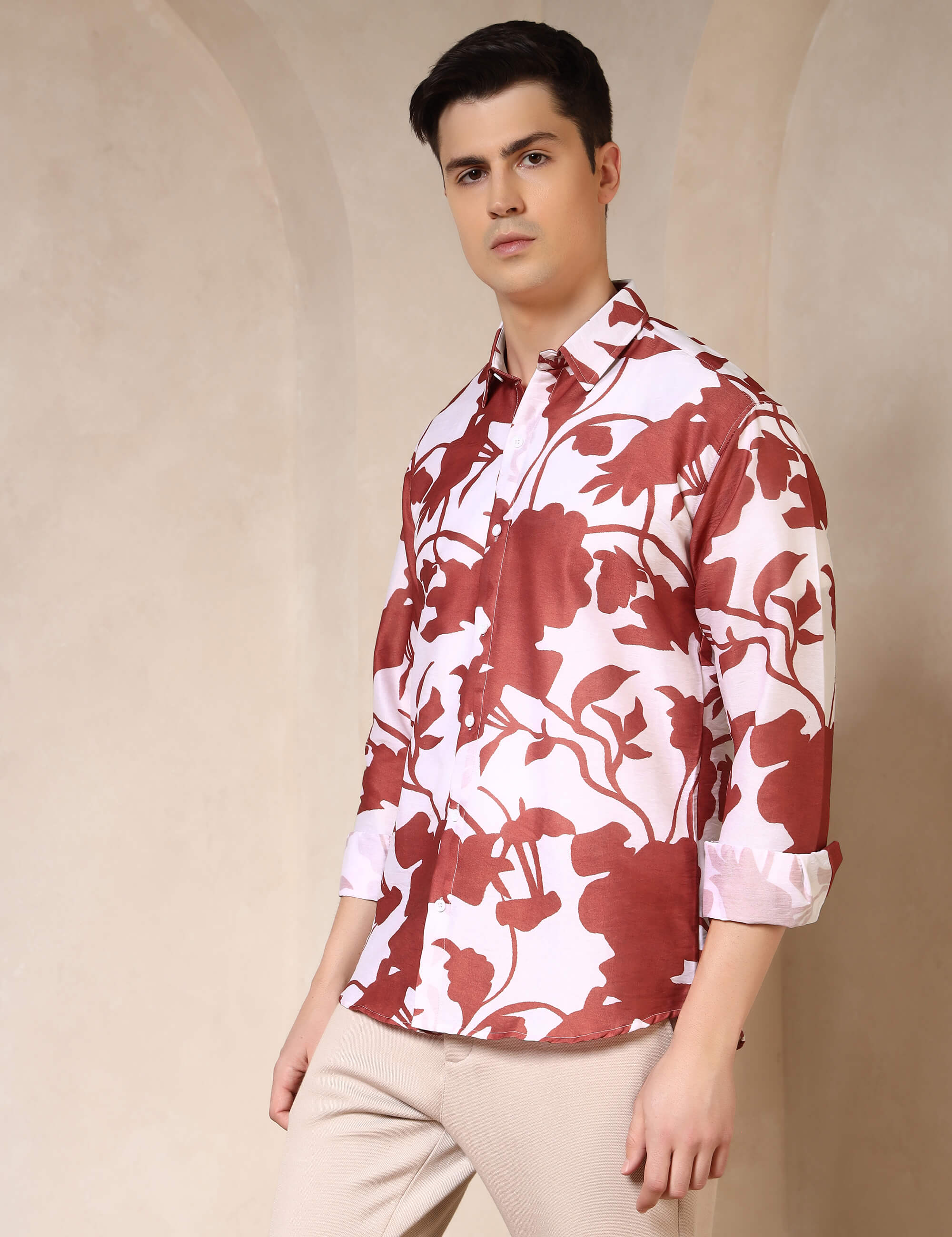 Rust Floral Silhouette Cotton Blend Casual Shirt