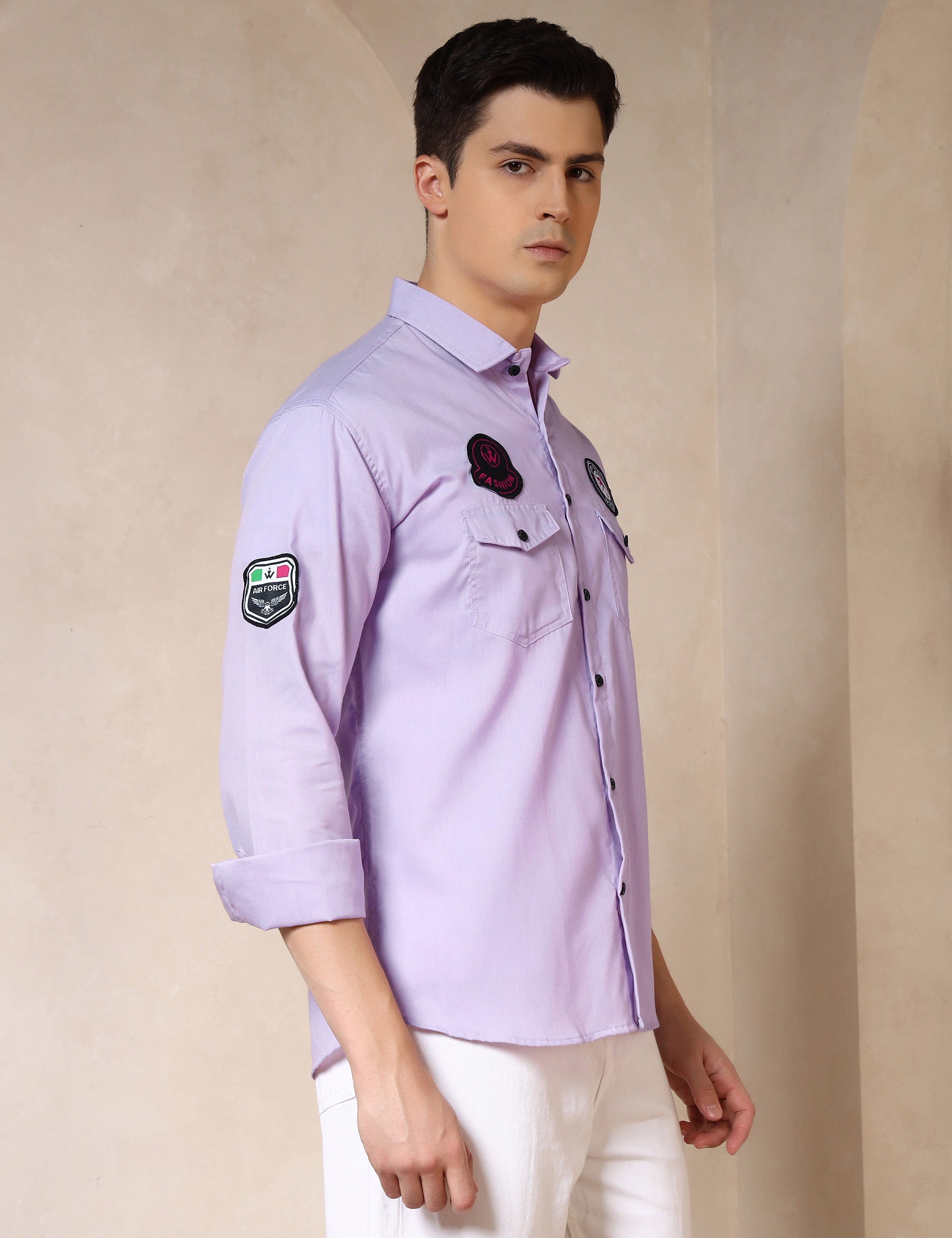 Urban Style Embroidery Patch Lavender Cotton Blend Shirt