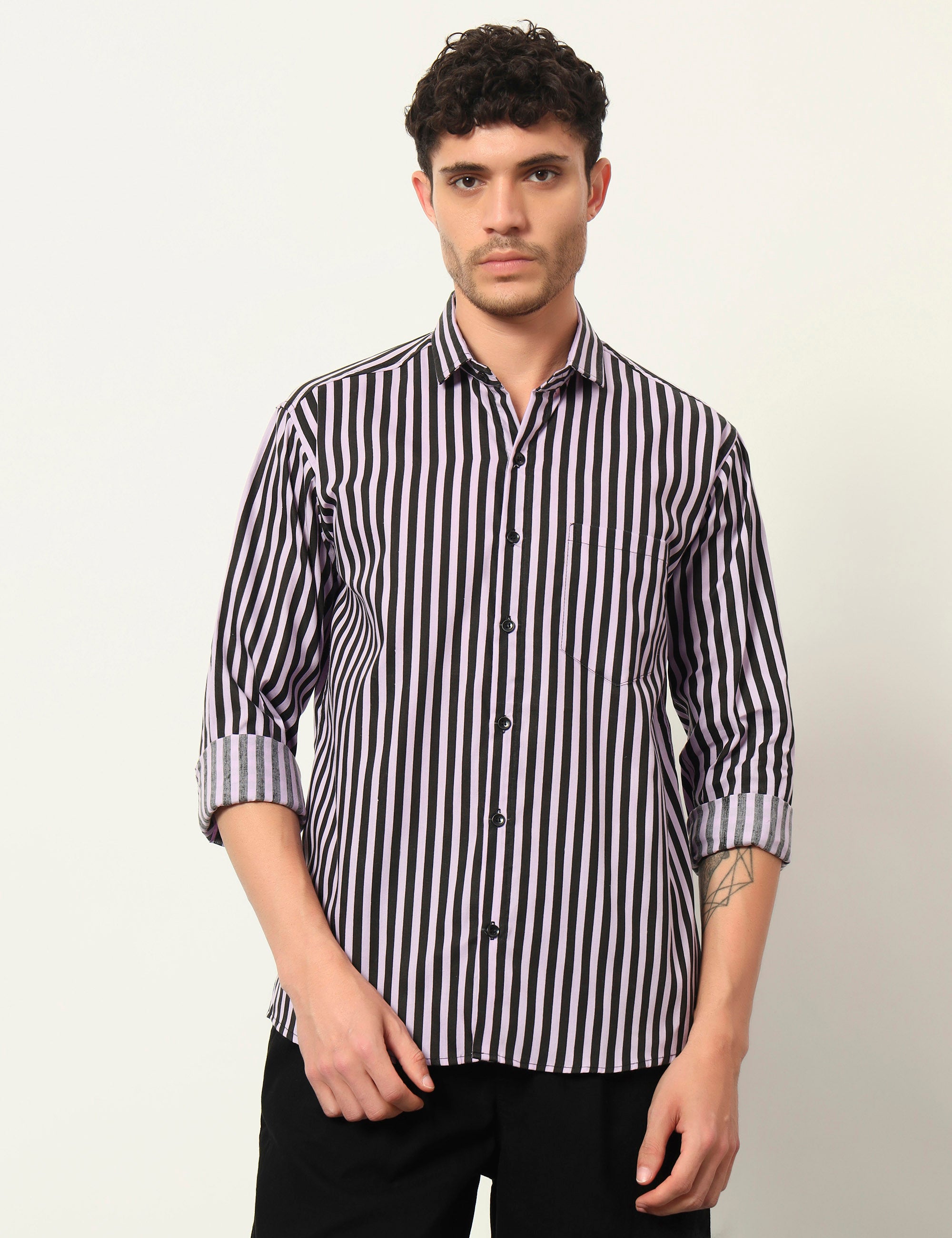 Inferno Stripes Casual Lavender Cotton Blend Shirt