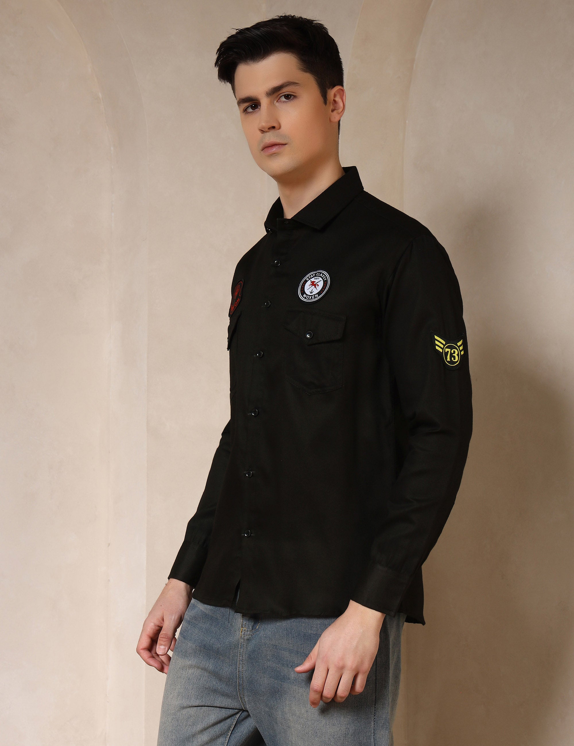 Urban Style Embroidery Patch Black Cotton Blend Shirt