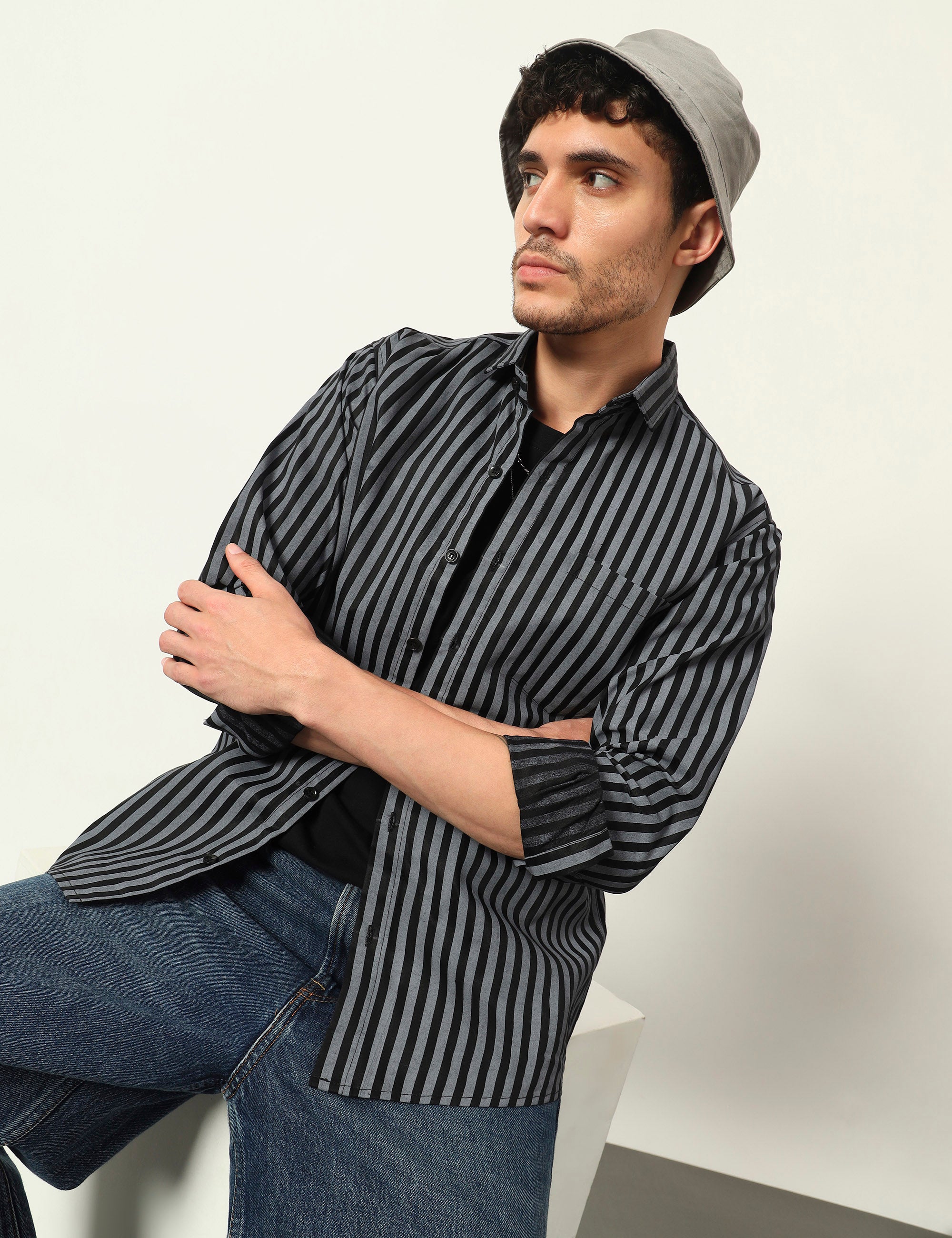 Inferno Stripes Casual Grey Cotton Blend Shirt