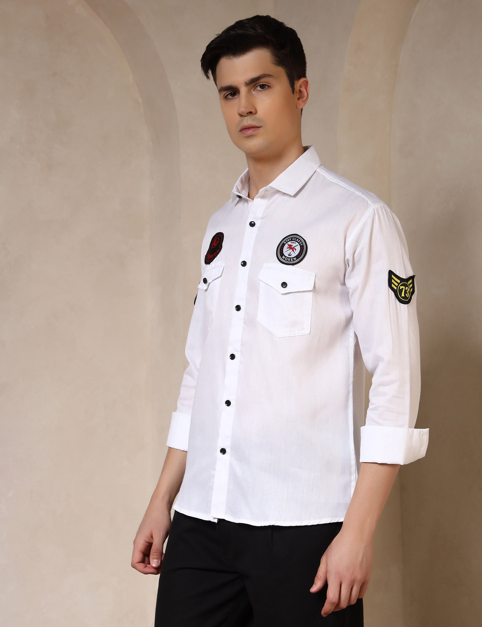 Urban Style Embroidery Patch White Cotton Blend Shirt