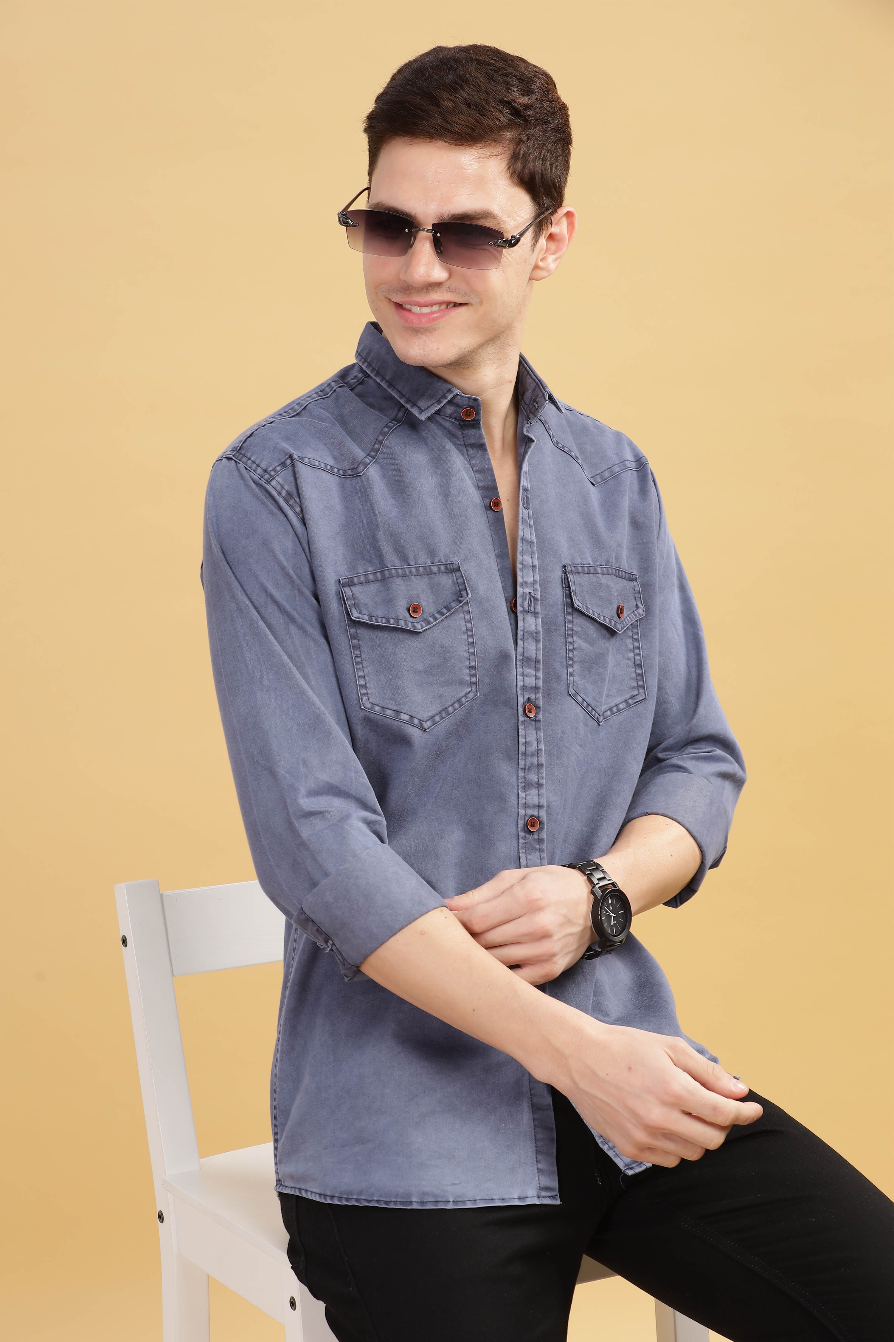 Men’s Washed Blue Denim Utility Shirt