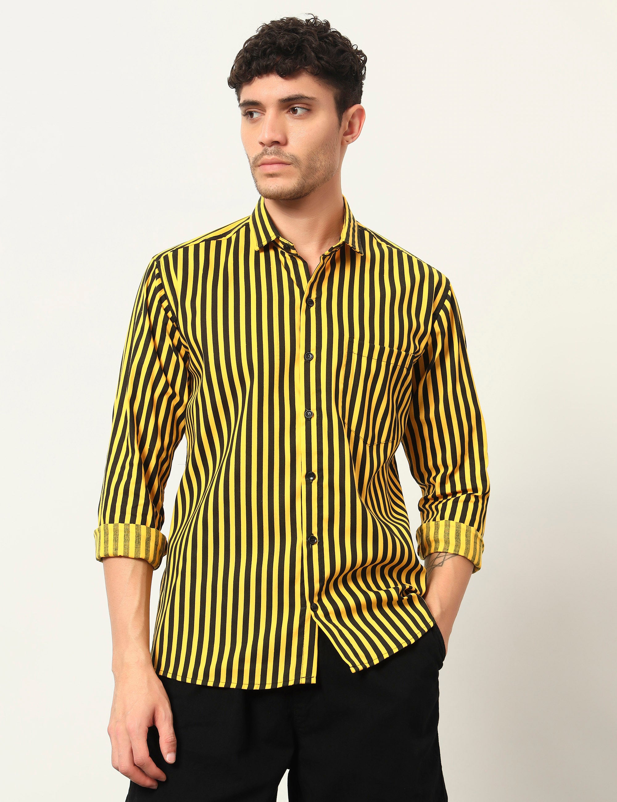 Inferno Stripes Casual Yellow Cotton Blend Shirt