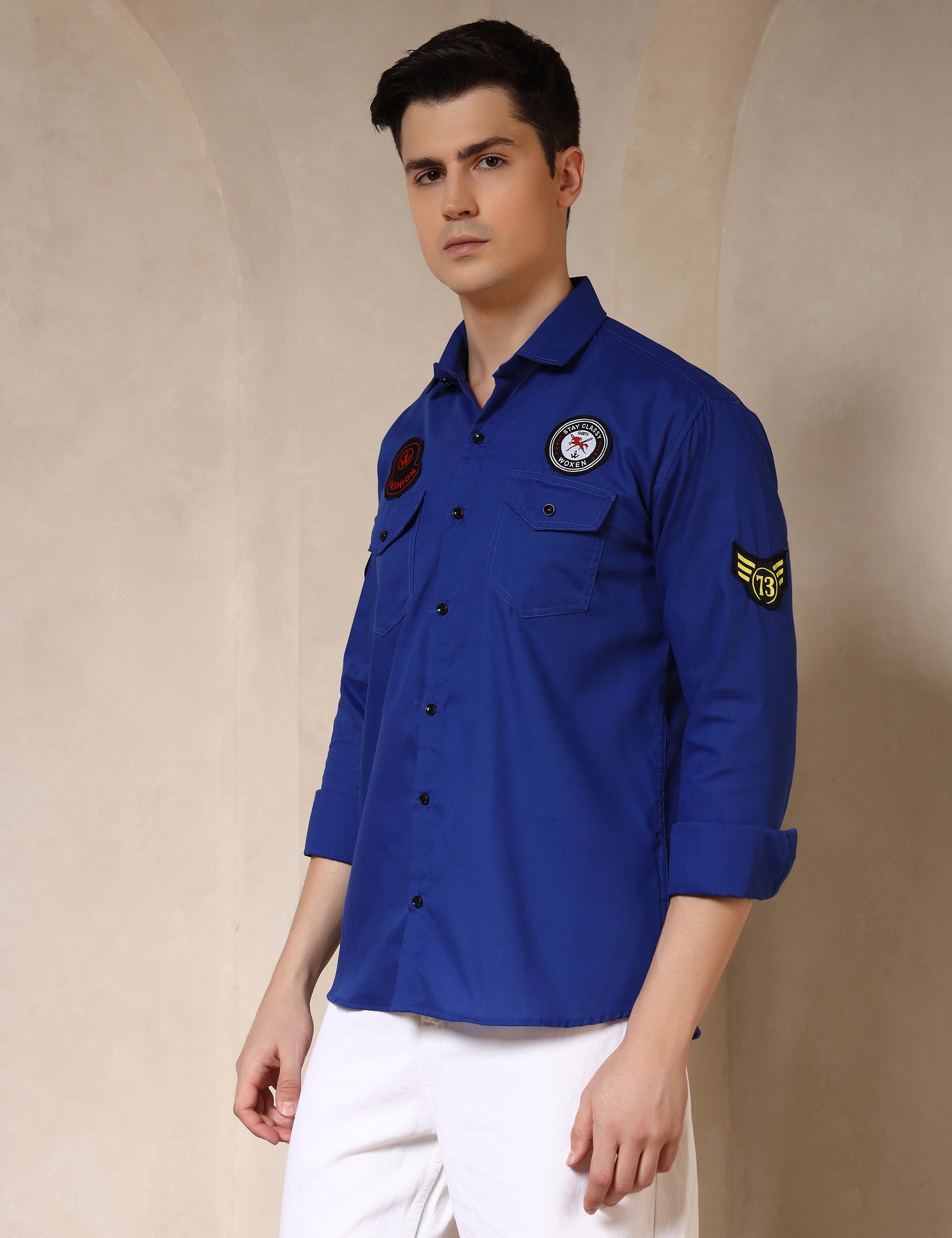 Urban Style Embroidery Patch Royal Blue Cotton Blend Shirt