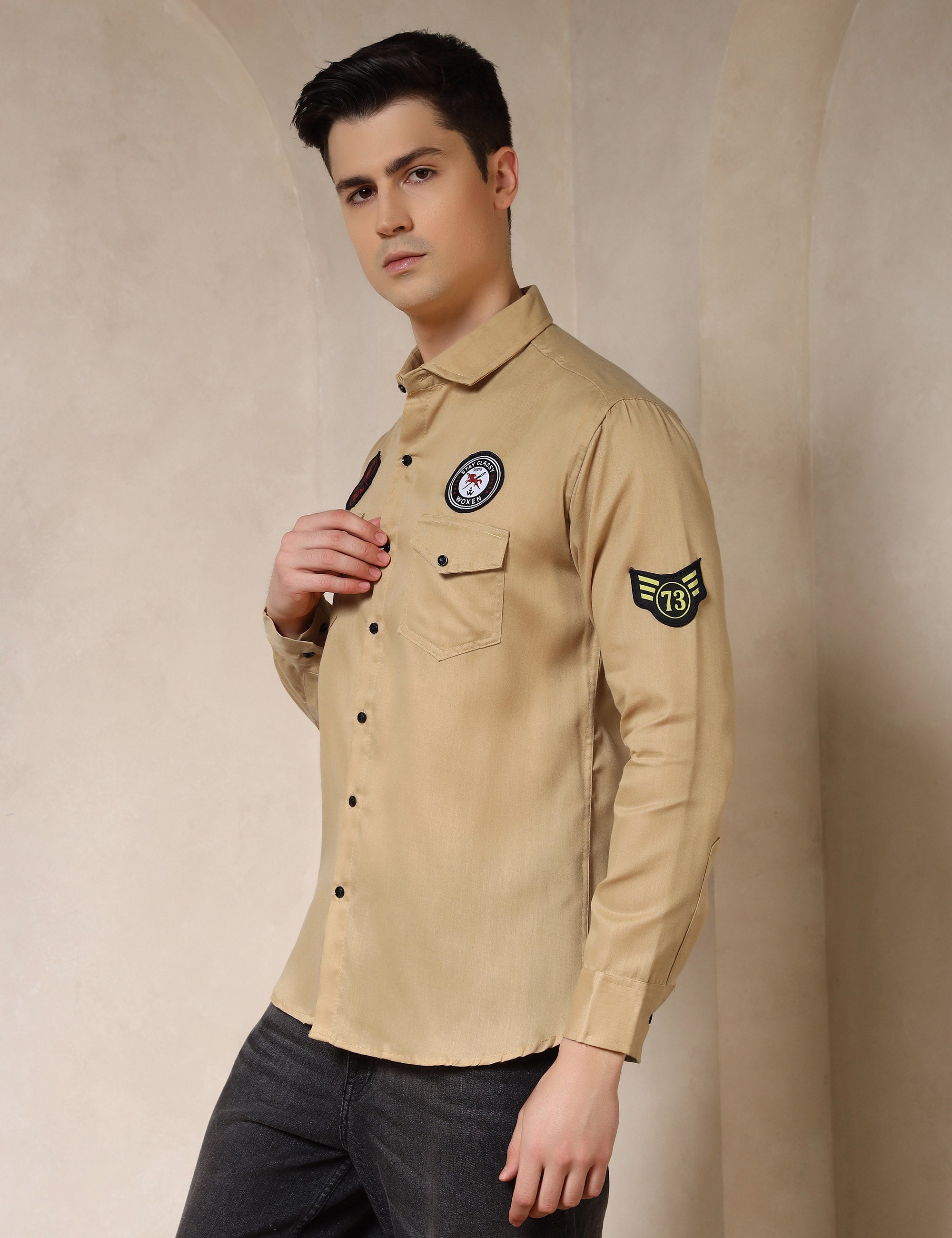 Urban Style Embroidery Patch Ochre Yellow Cotton Blend Shirt