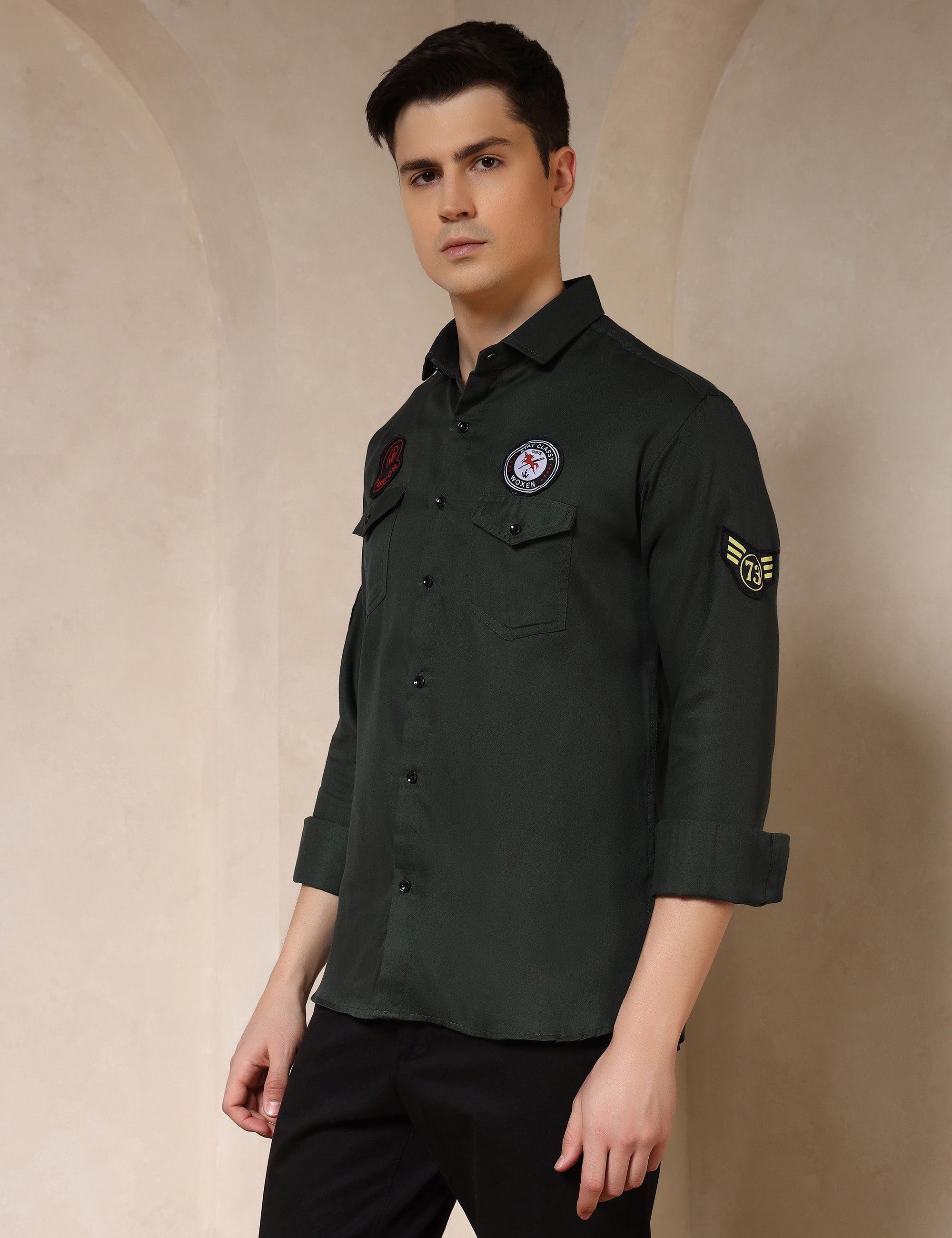 Urban Style Embroidery Patch Olive Green Cotton Blend Shirt