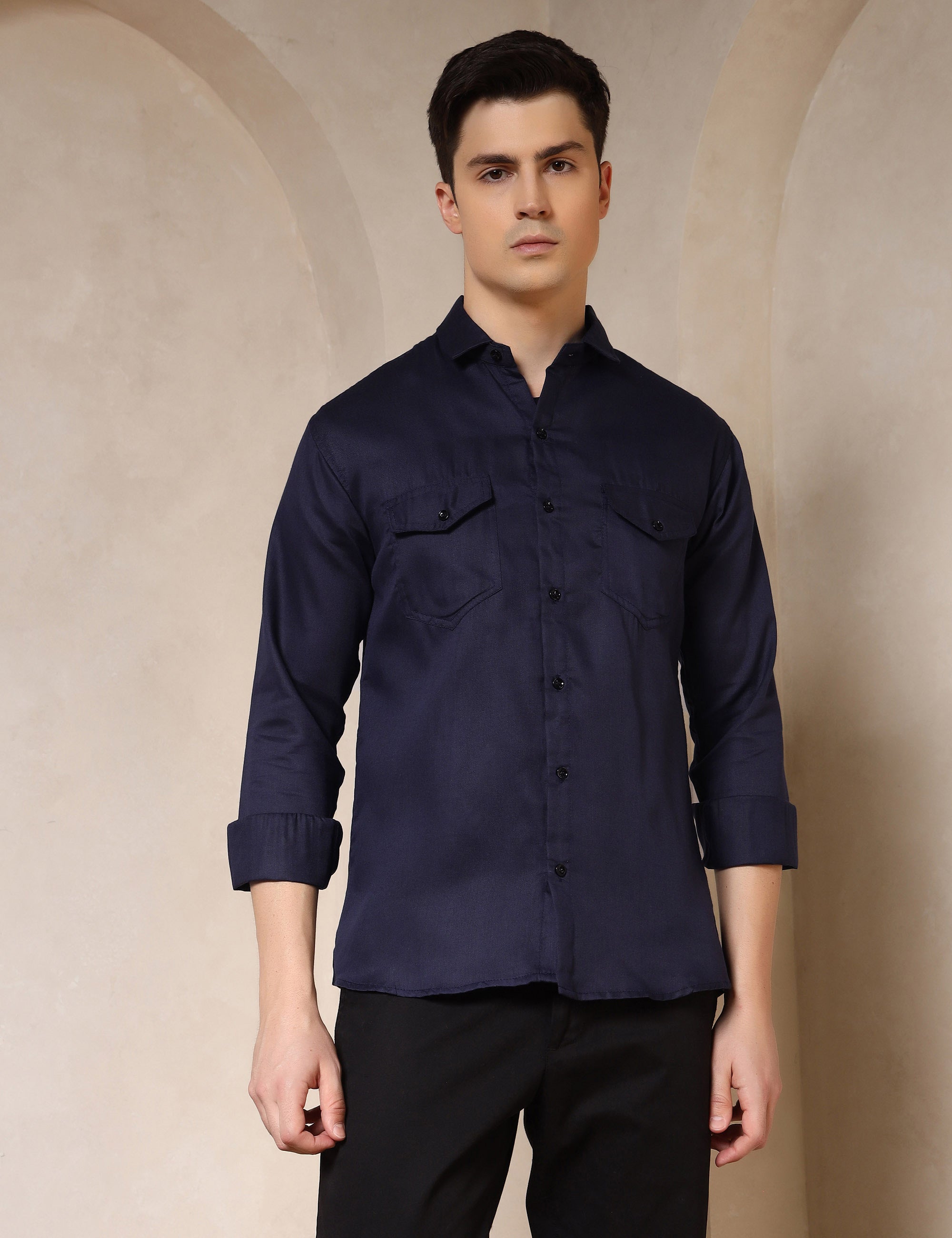Classic Navy Blue Dual Pocket Cotton Blend Shirt