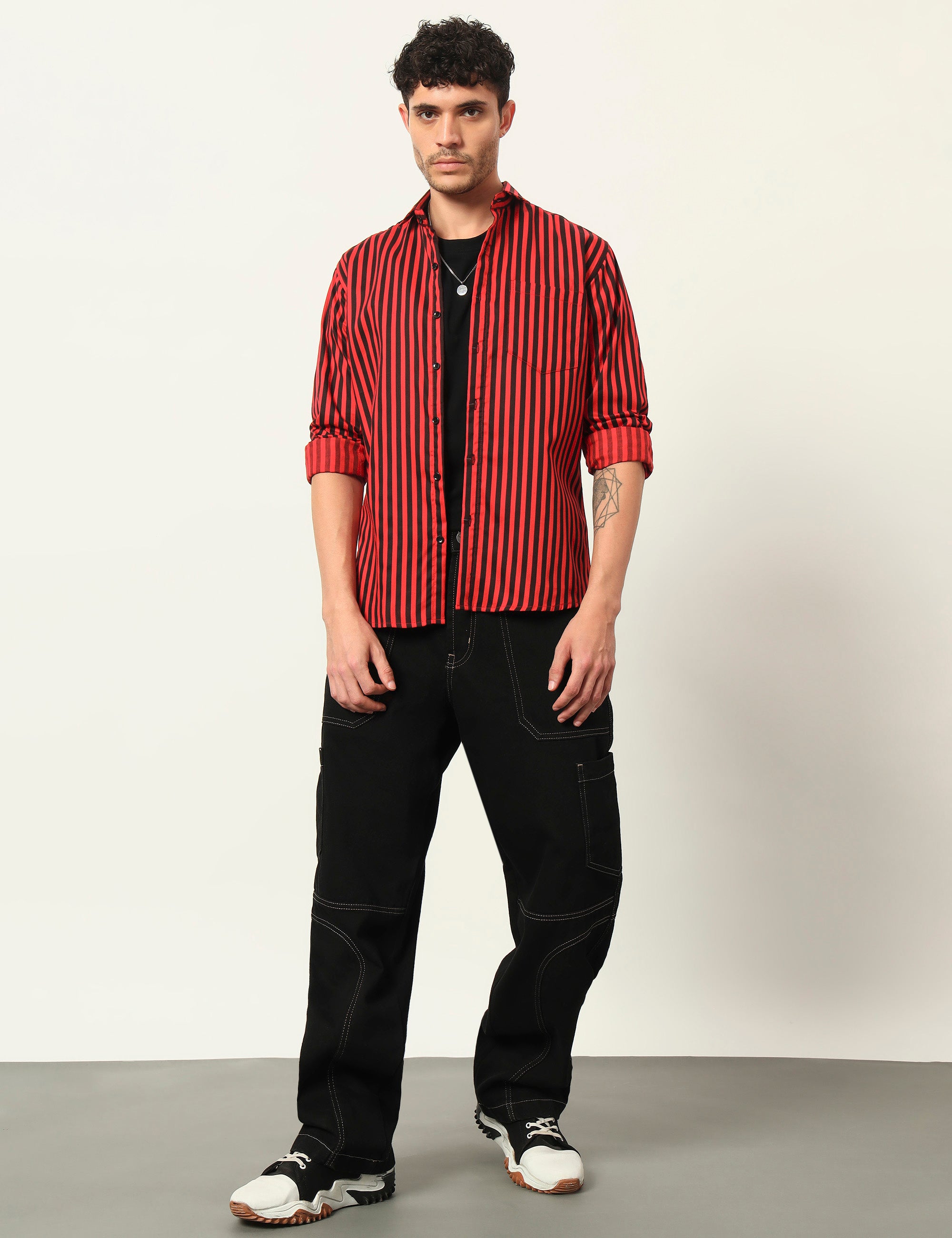 Inferno Stripes Casual Red Cotton Blend Shirt