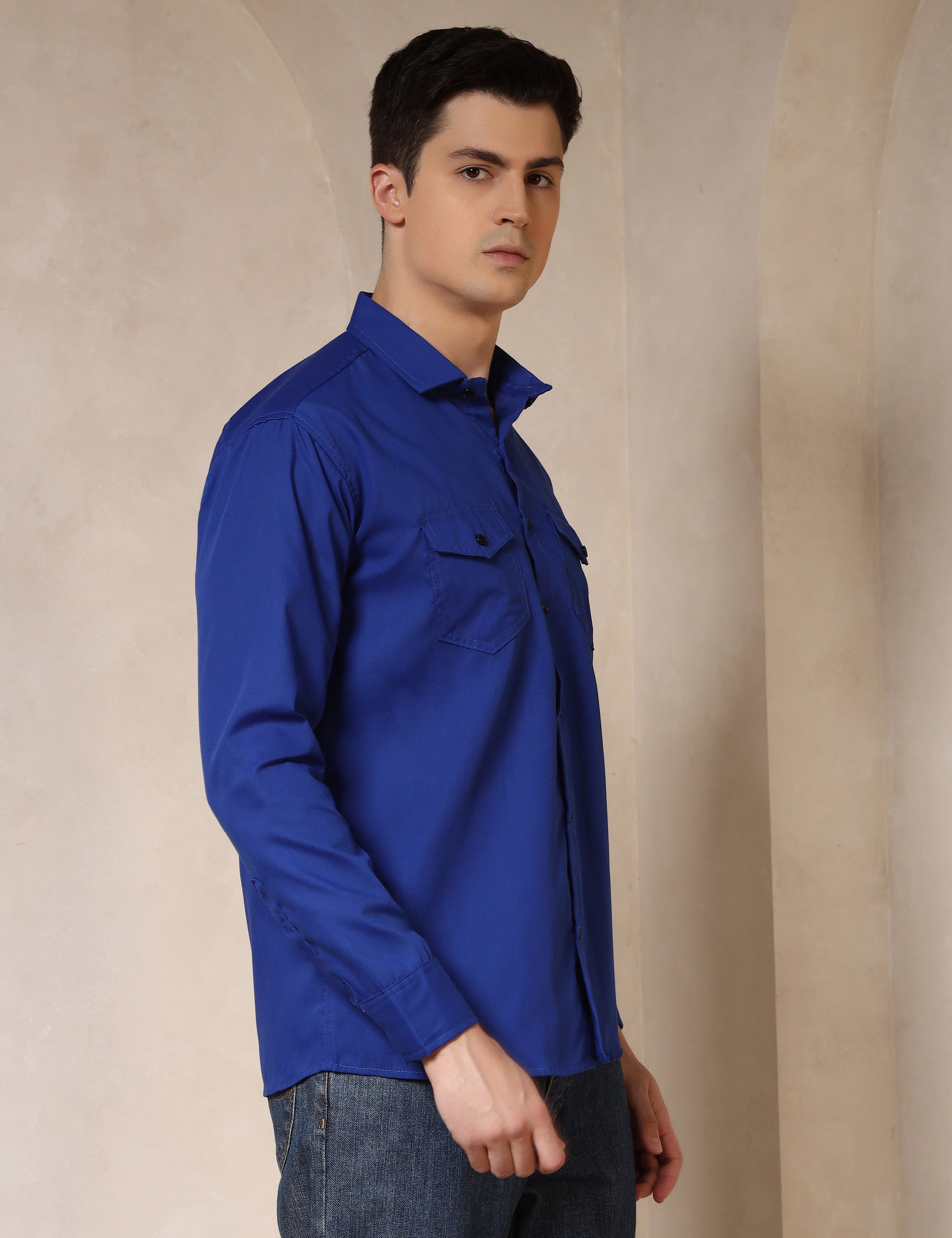 Classic Royal Blue Dual Pocket Cotton Blend Shirt