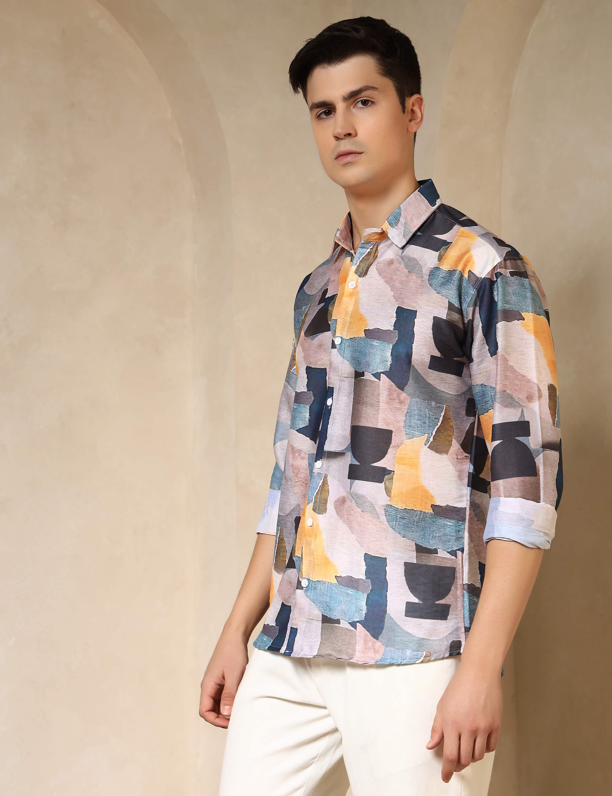 Abstract Brushstroke Printed Cotton Blend Casual Shirt