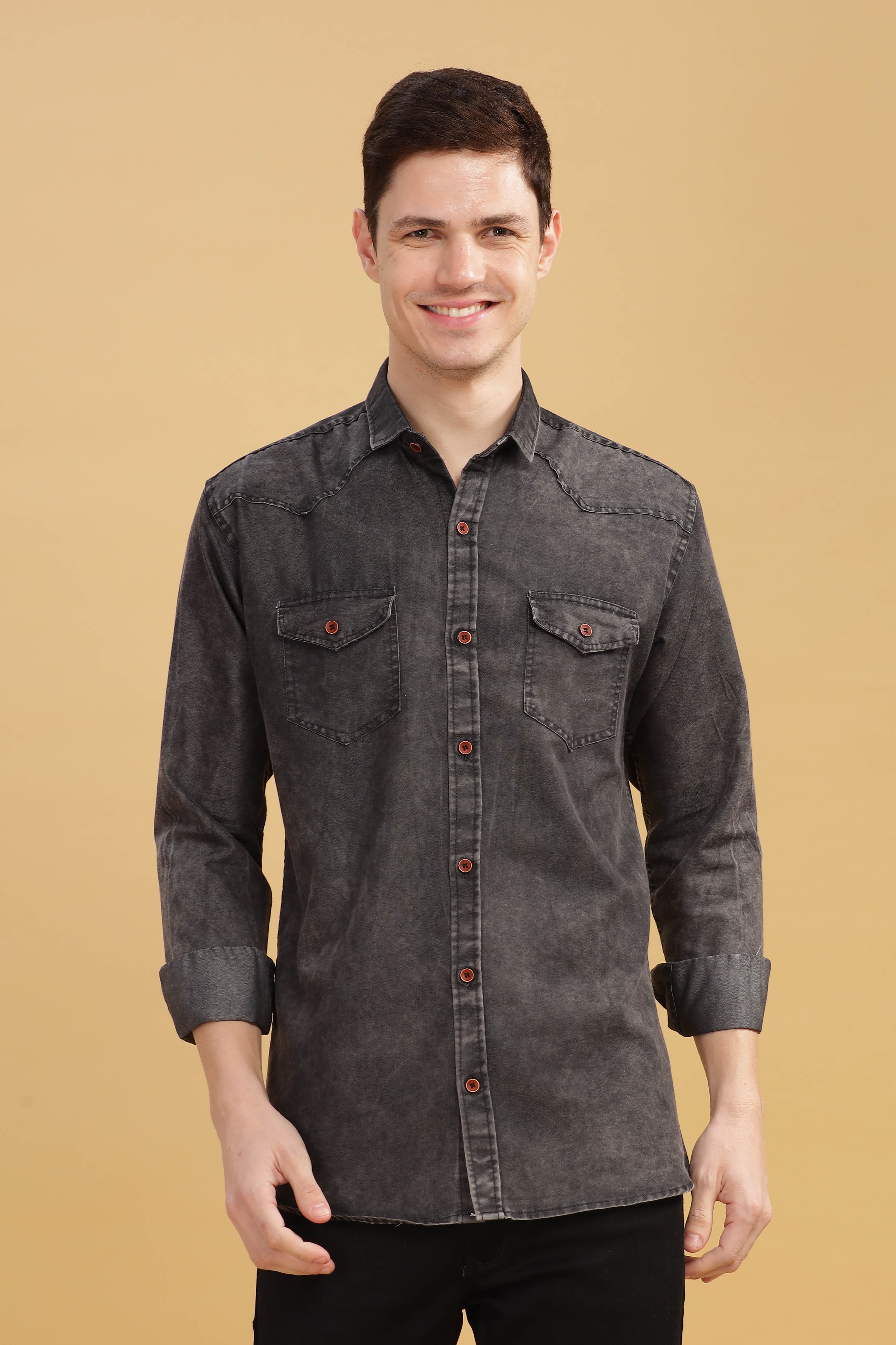 Men’s Washed Black Denim Utility Shirt