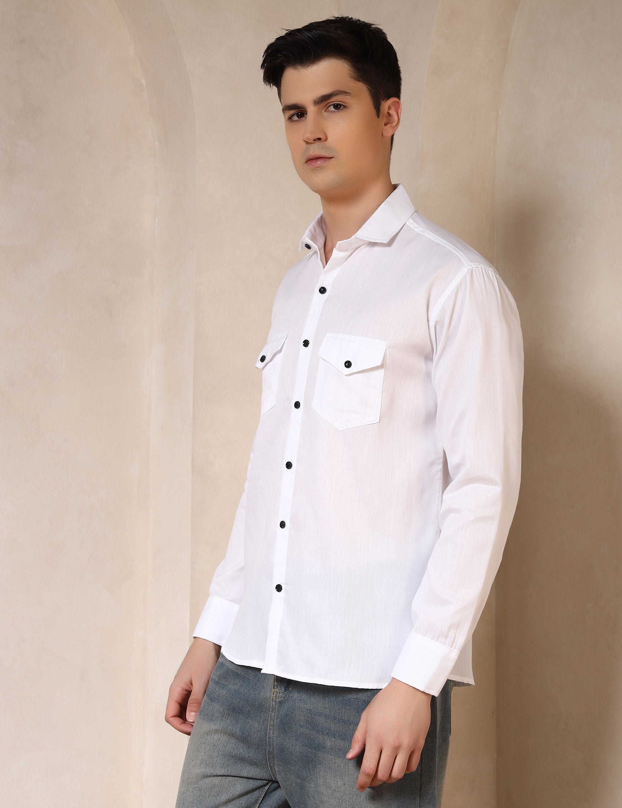 Classic White Dual Pocket Cotton Blend Shirt