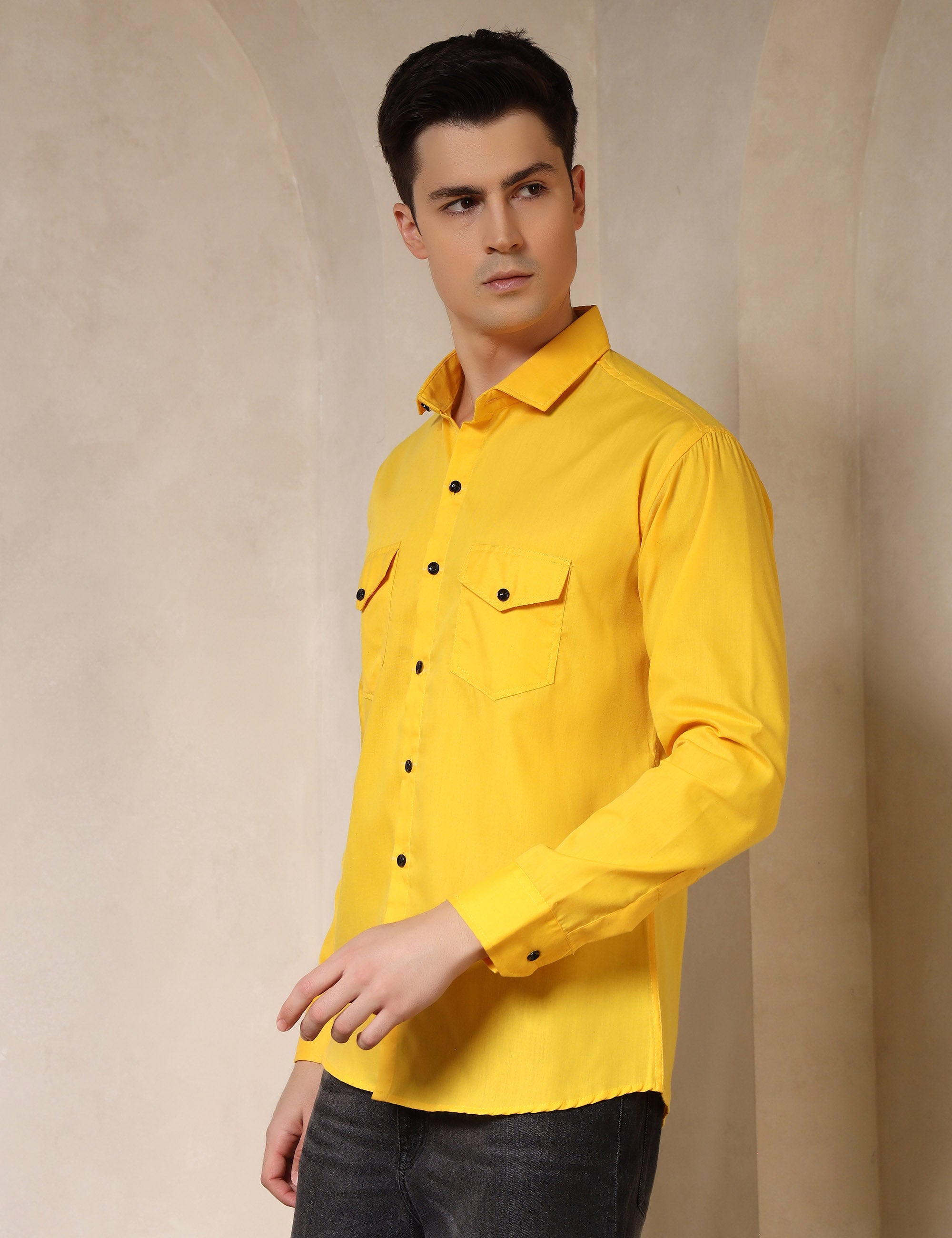 Classic Yellow Dual Pocket Cotton Blend Shirt