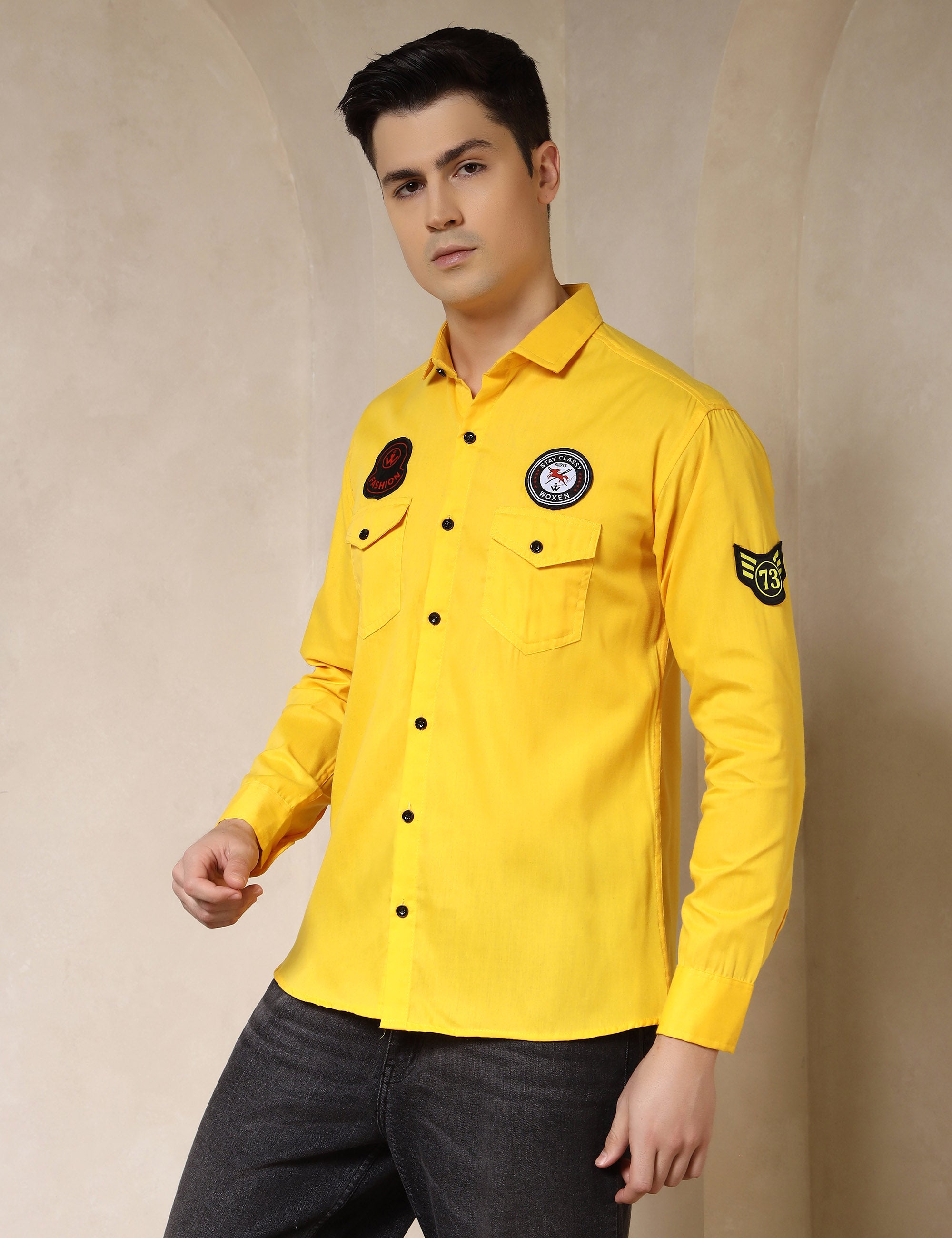 Urban Style Embroidery Patch Yellow Cotton Blend Shirt