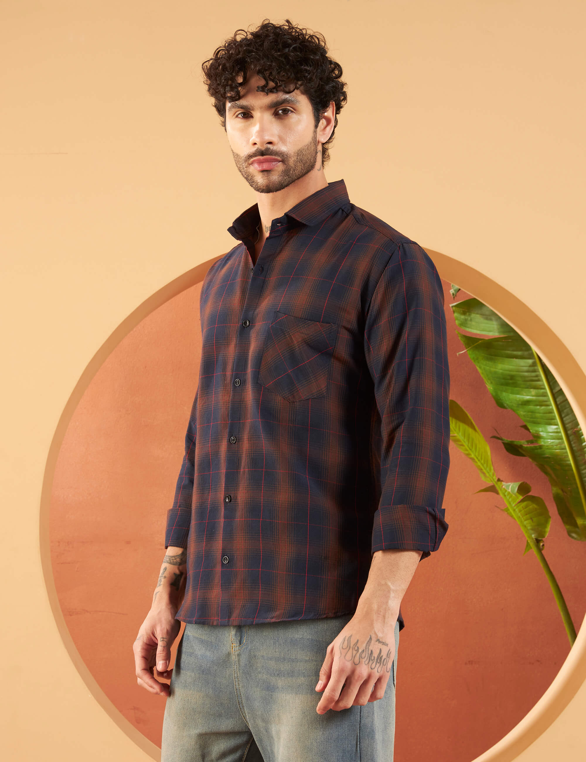 Rust Navy Grid Cotton-Blend Shirt