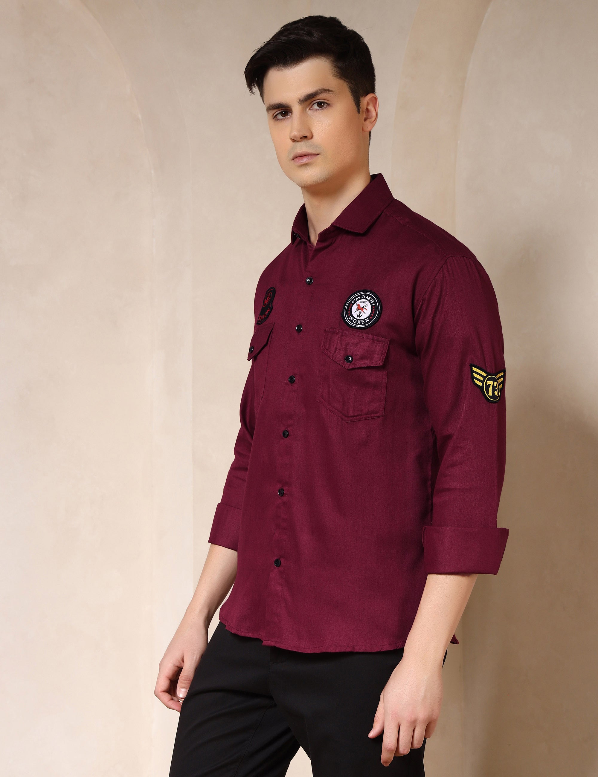 Urban Style Embroidery Patch Maroon Cotton Blend Shirt