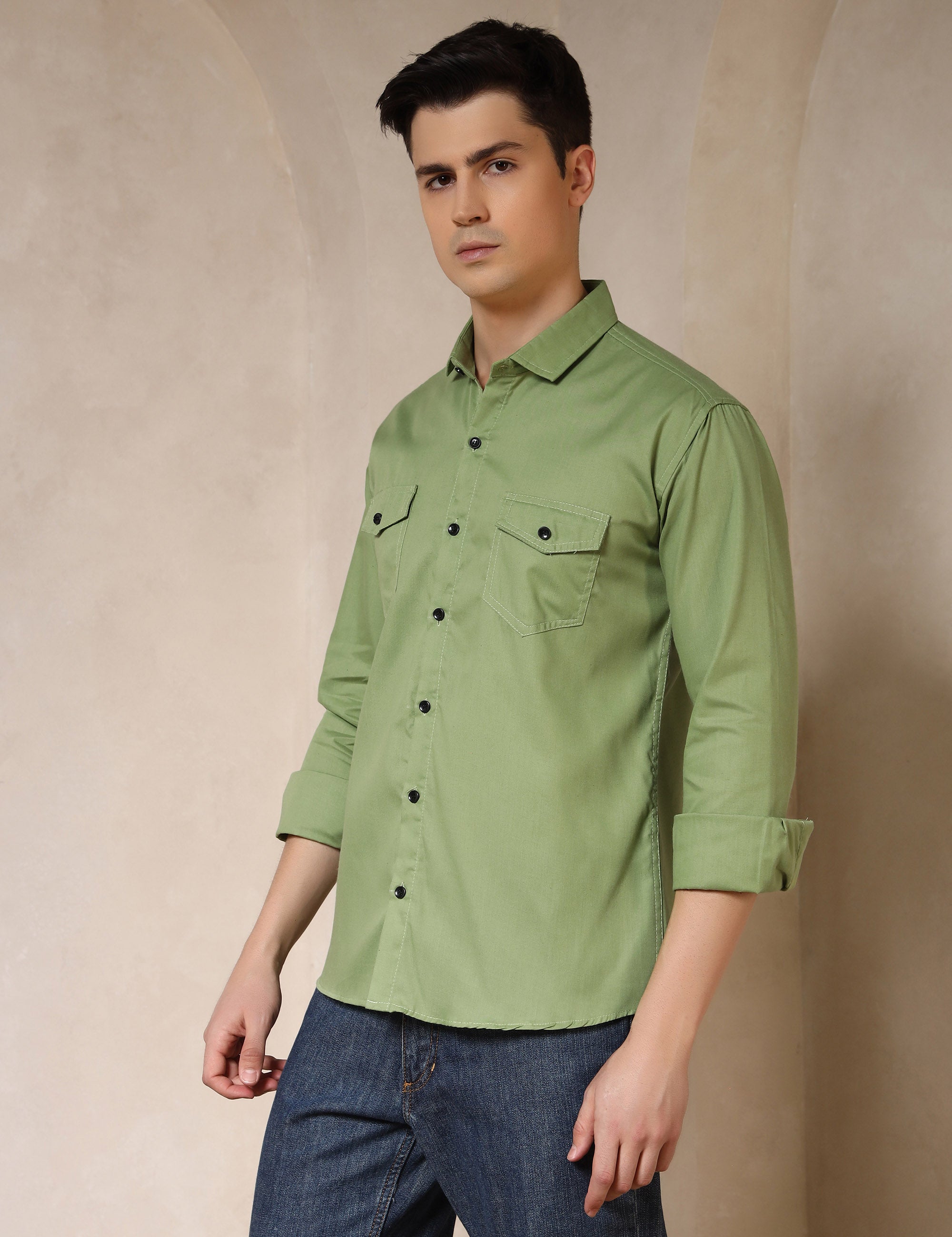 Classic Light Green Dual Pocket Cotton Blend Shirt