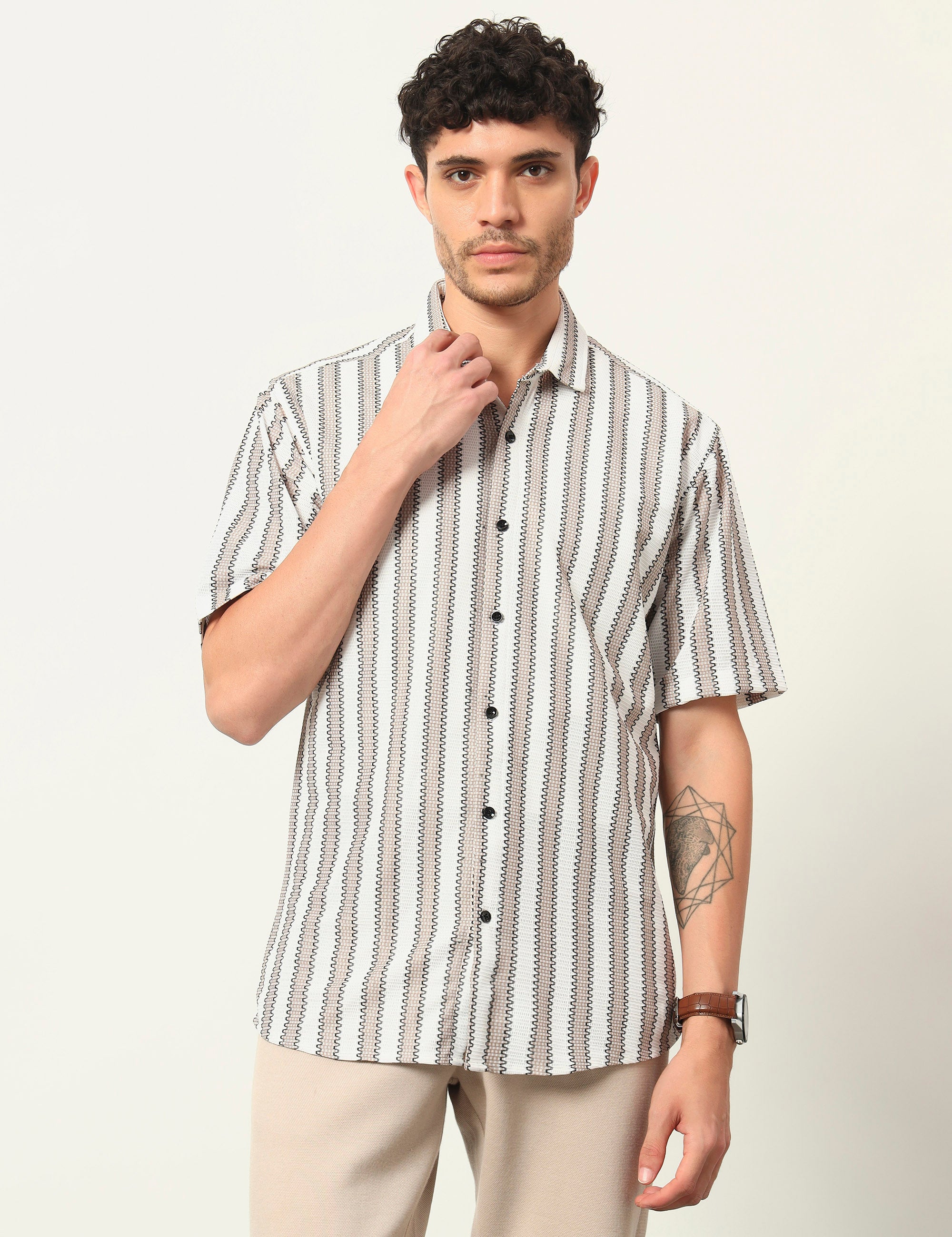 Fresh Flow Polyester Blend Beige Striped Shirt
