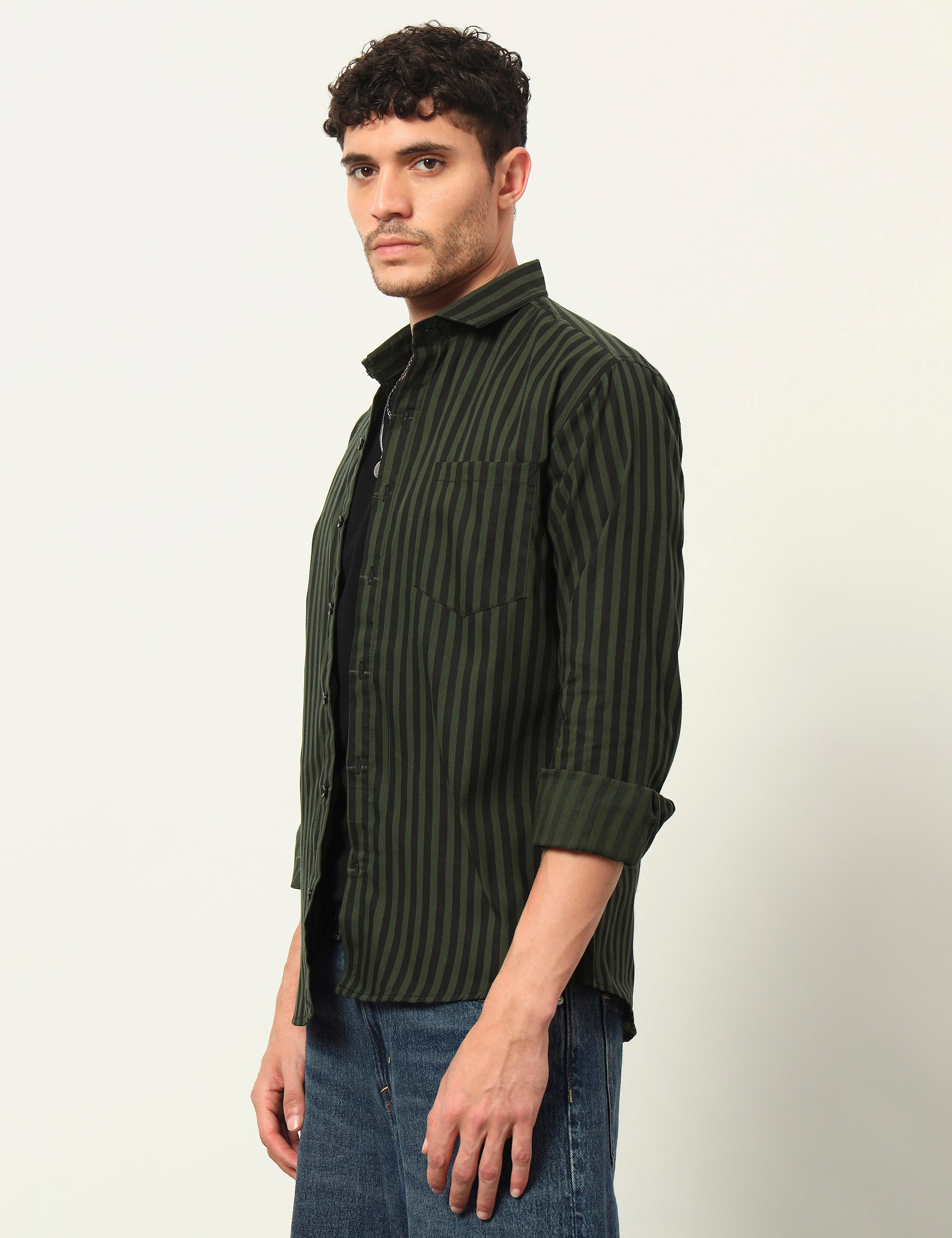 Inferno Stripes Casual Olive Green Cotton Blend Shirt