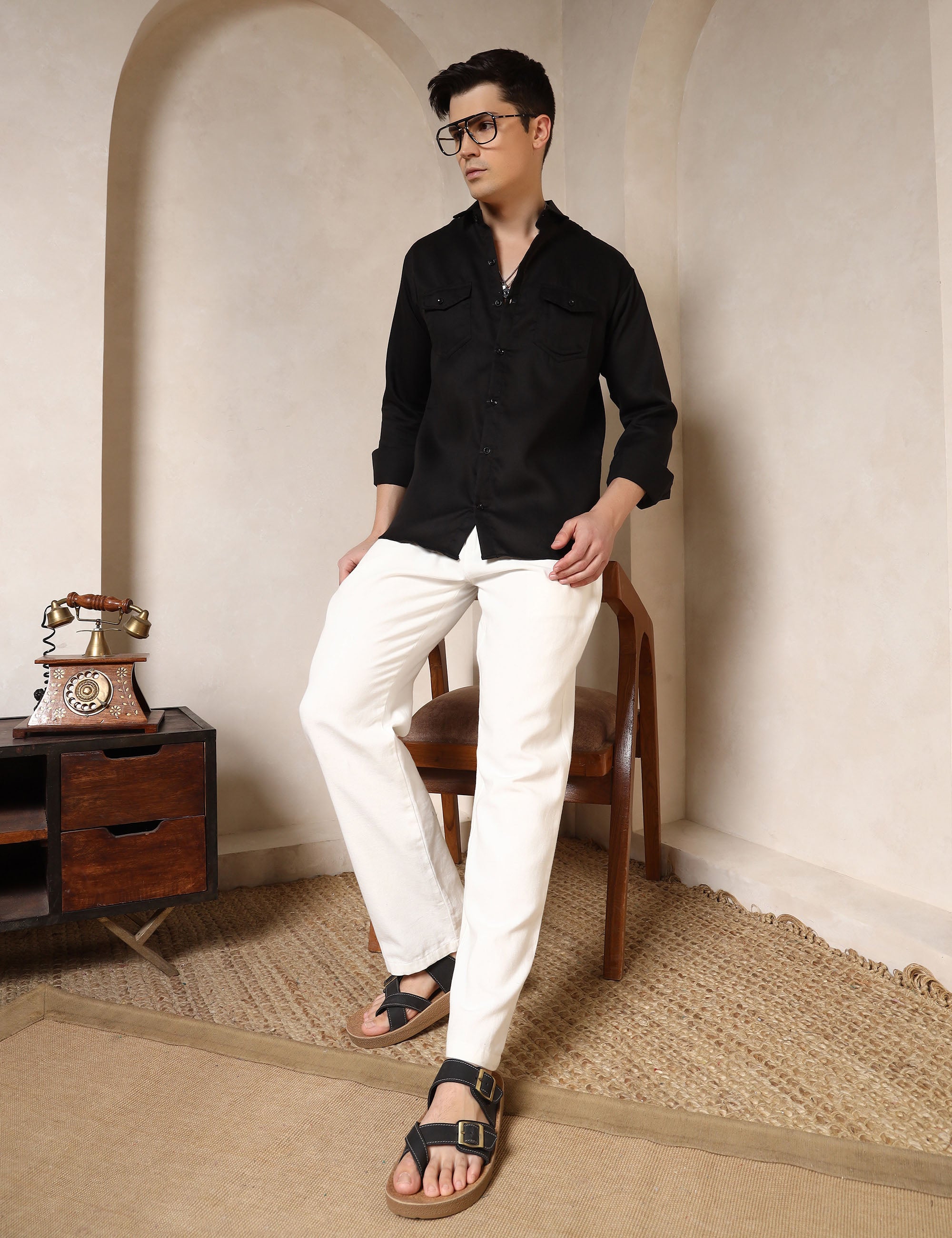 Classic Black Dual Pocket Cotton Blend Shirt