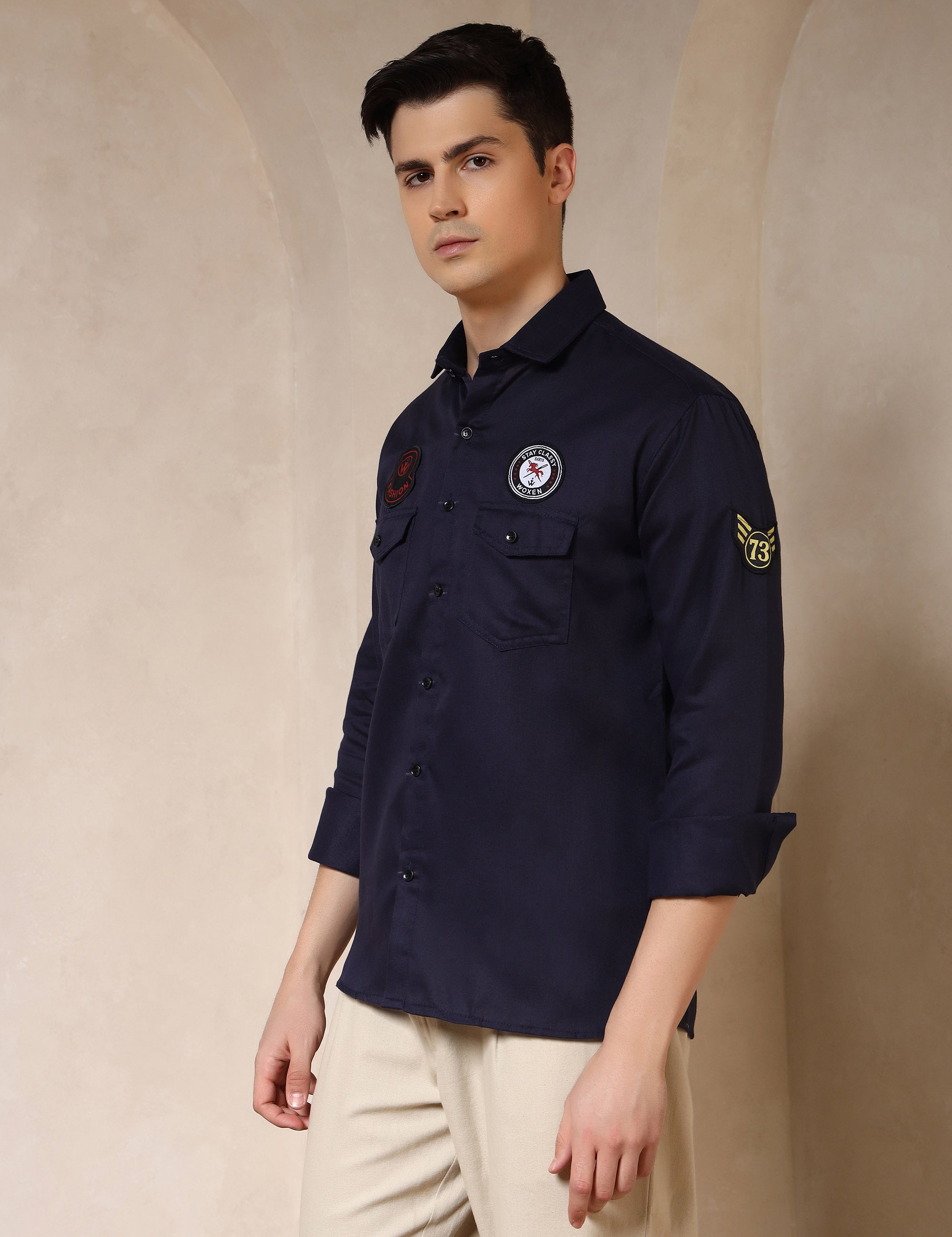 Urban Style Embroidery Patch Navy Blue Cotton Blend Shirt