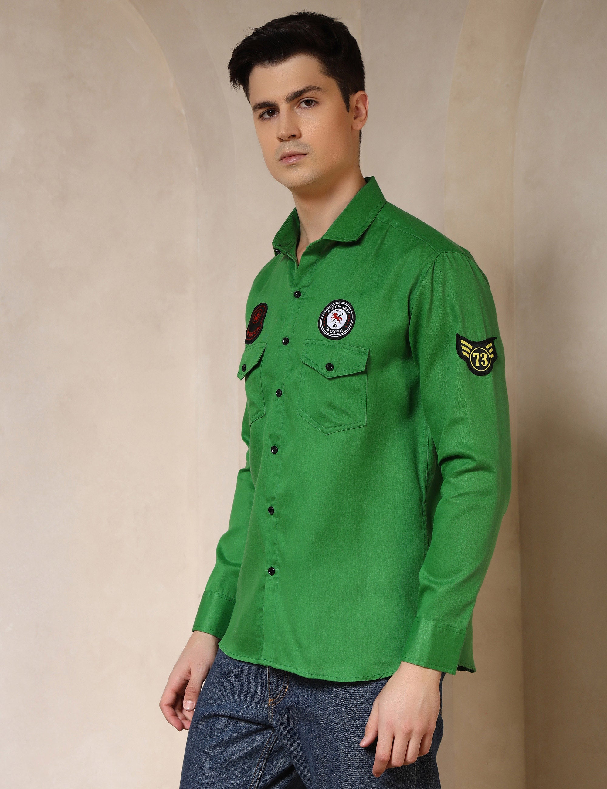Urban Style Embroidery Patch Bright Green Cotton Blend Shirt