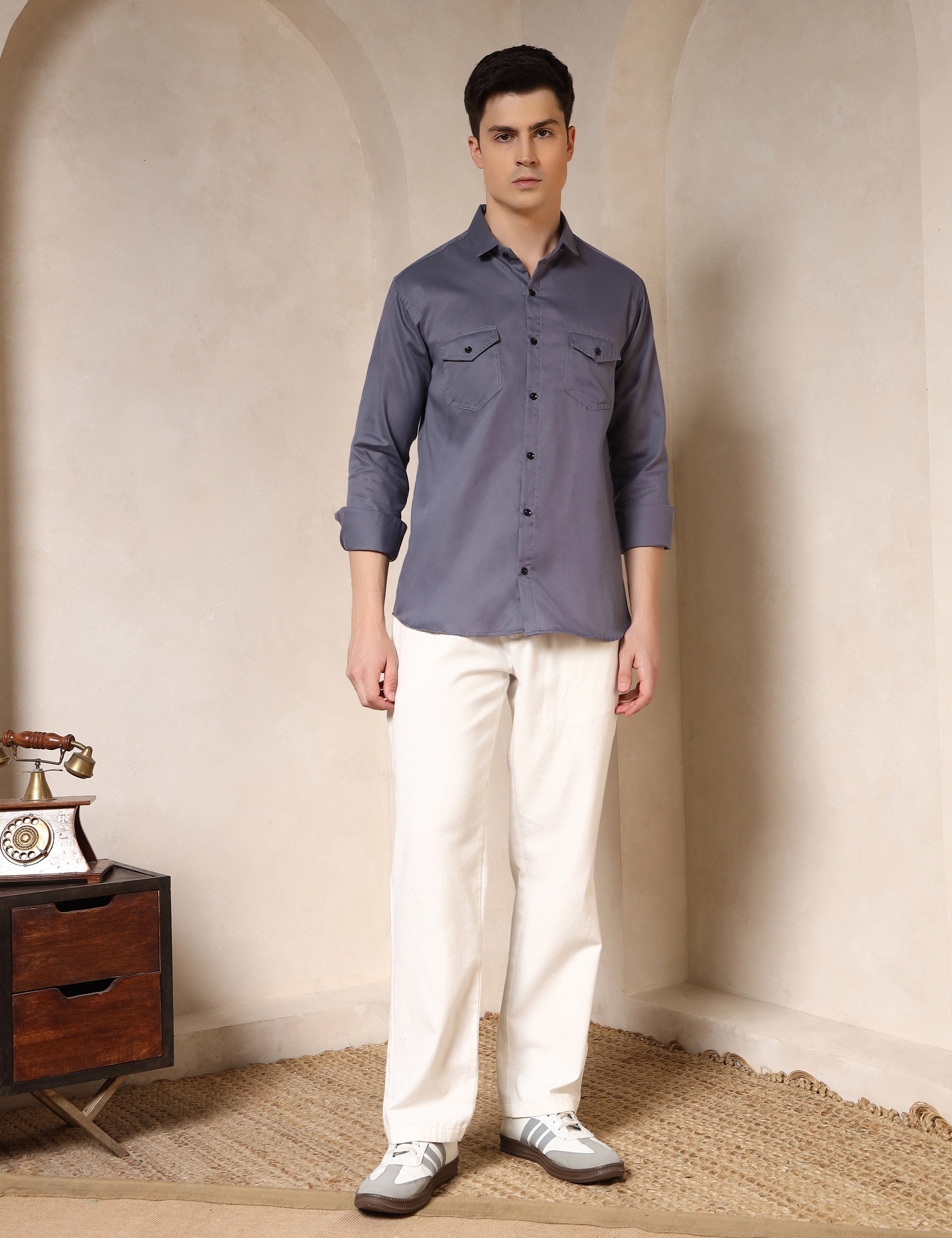 Classic Grey Dual Pocket Cotton Blend Shirt