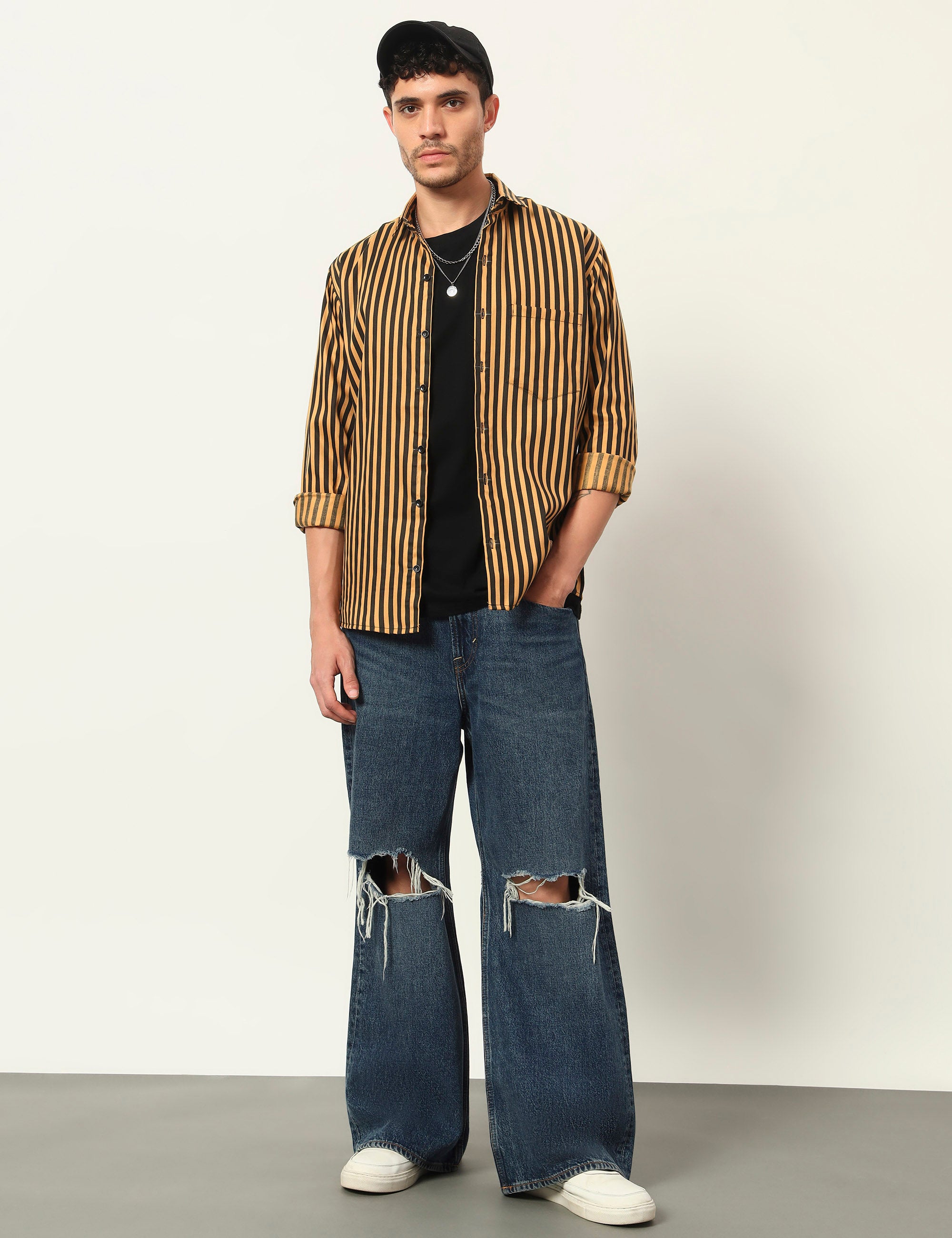 Inferno Stripes Casual Ochre Yellow Cotton Blend Shirt