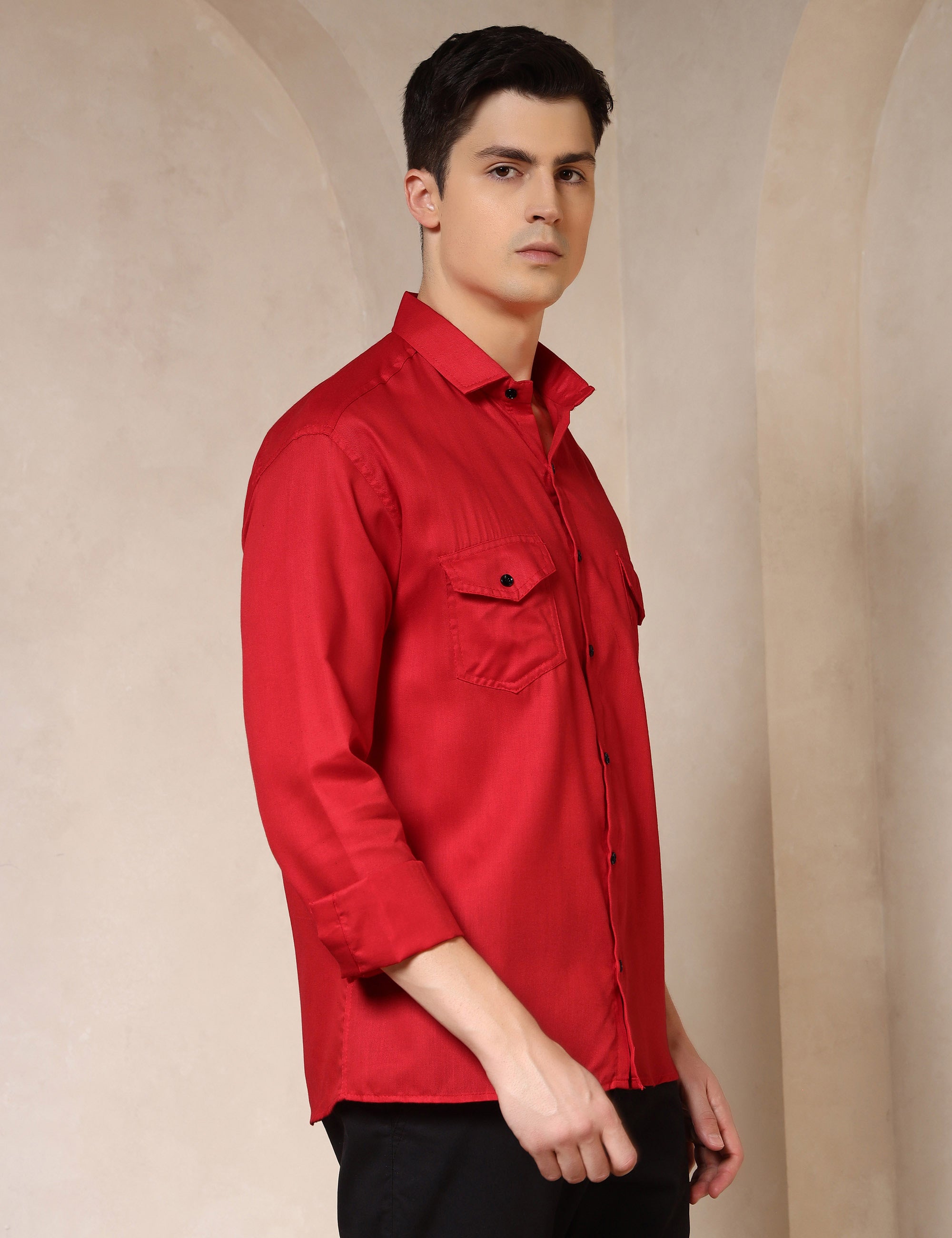 Classic Red Dual Pocket Cotton Blend Shirt