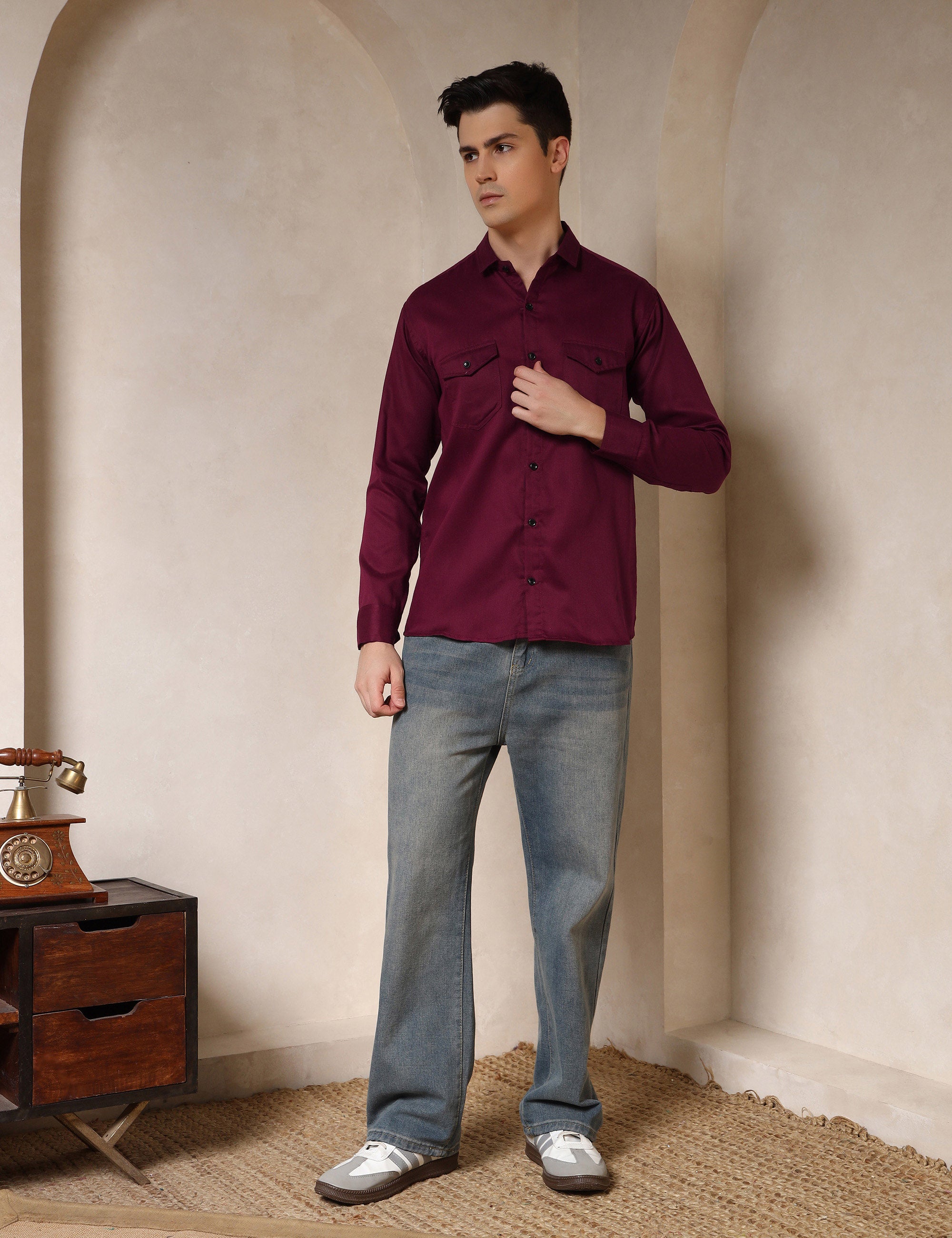 Classic Maroon Dual Pocket Cotton Blend Shirt