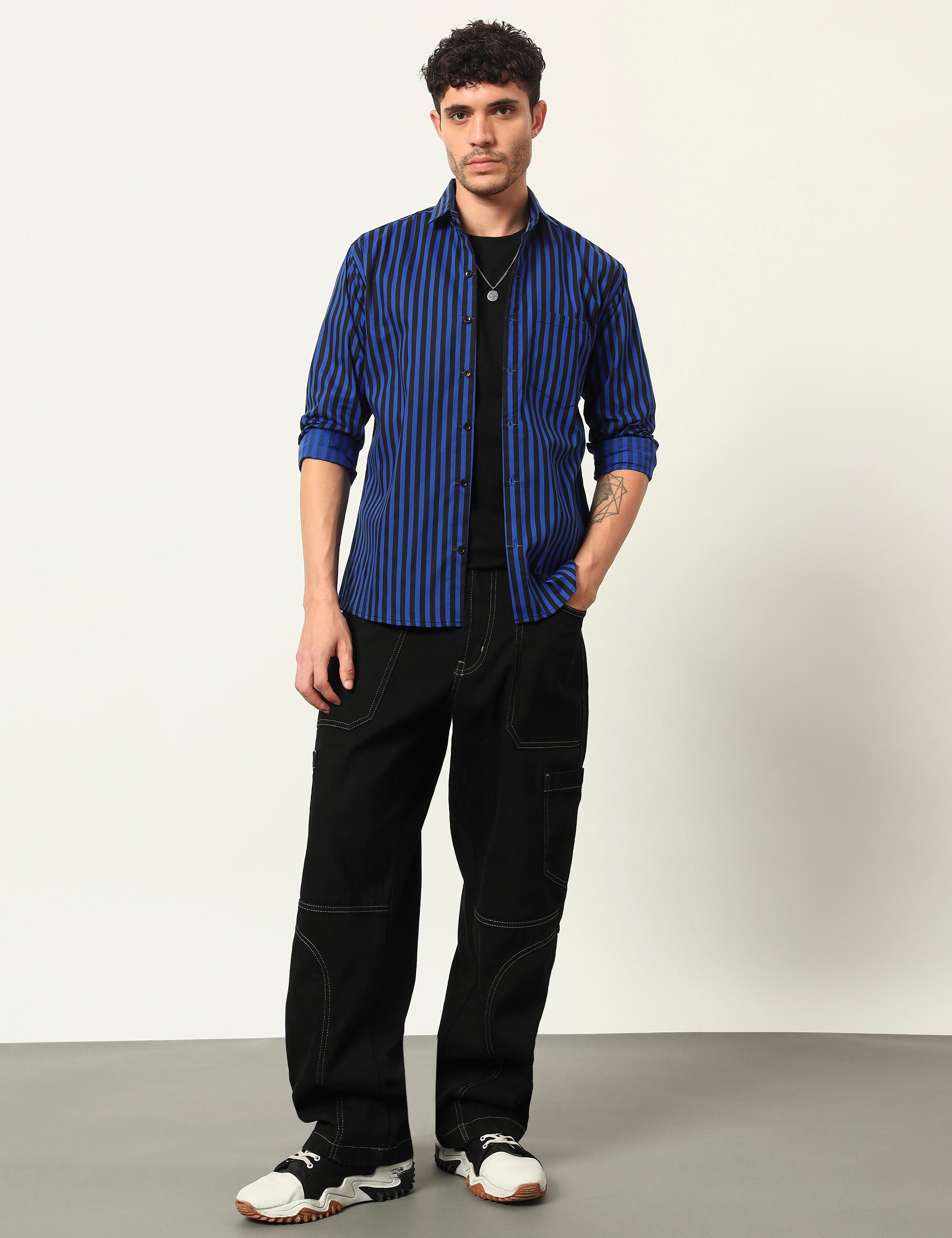 Inferno Stripes Casual Royal Blue Cotton Blend Shirt