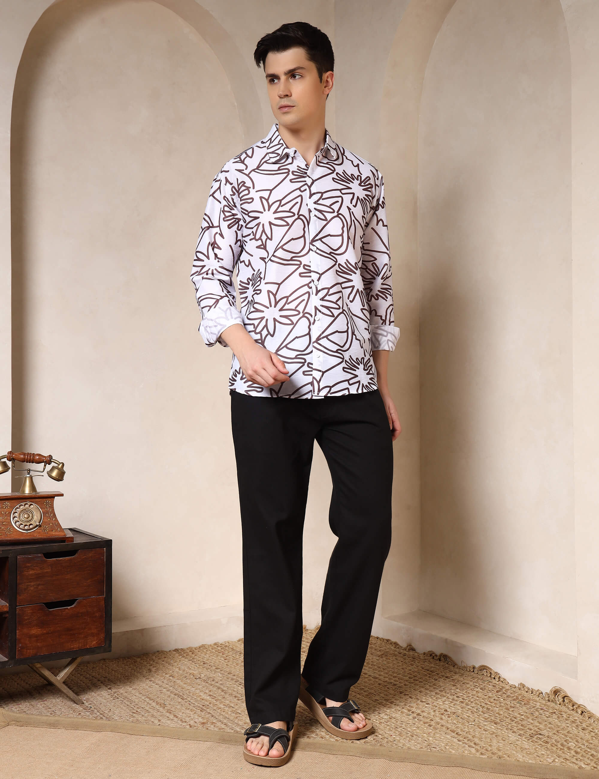 Minimal Floral Line Art Cotton Blend Casual Shirt