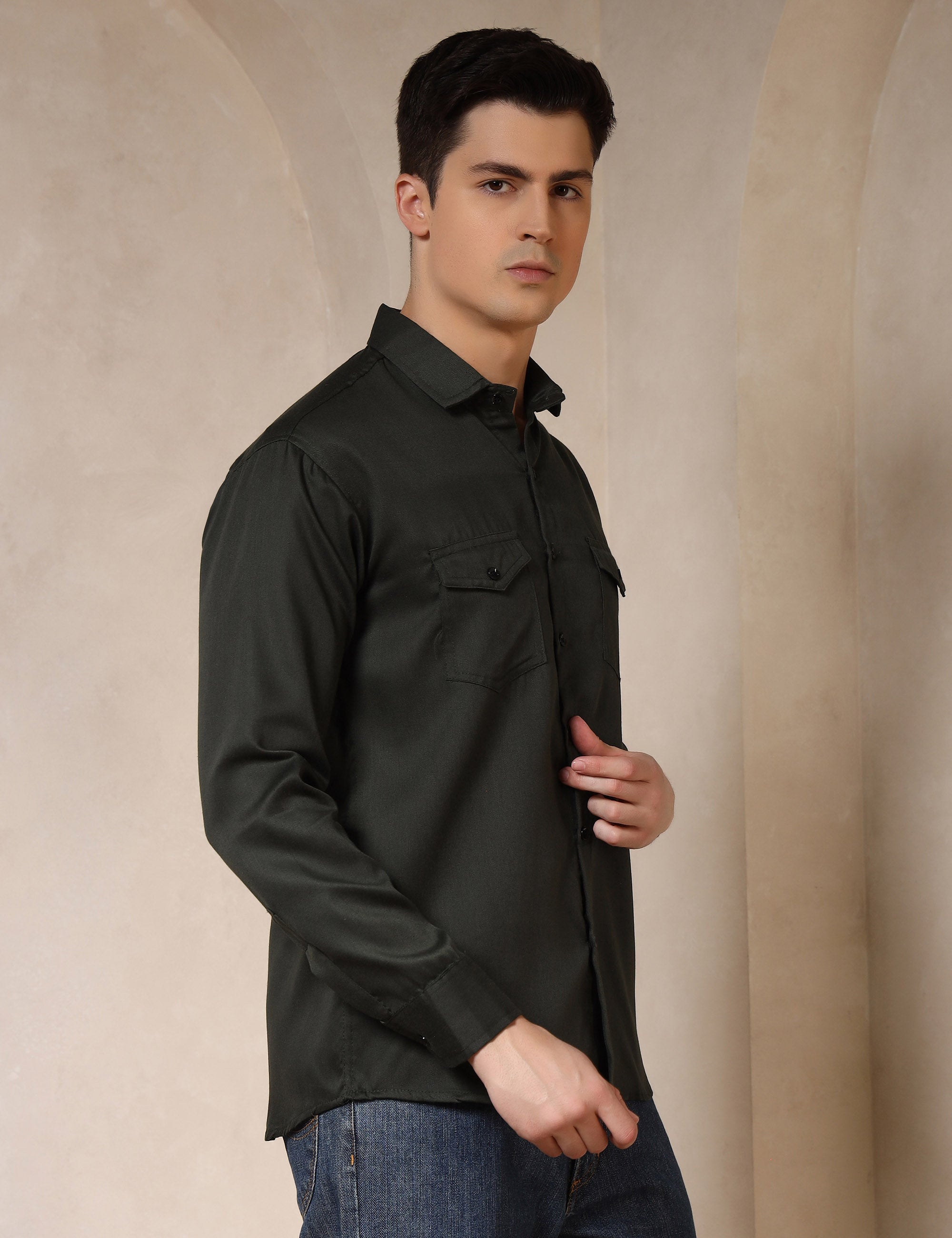Classic Olive Green Dual Pocket Cotton Blend Shirt