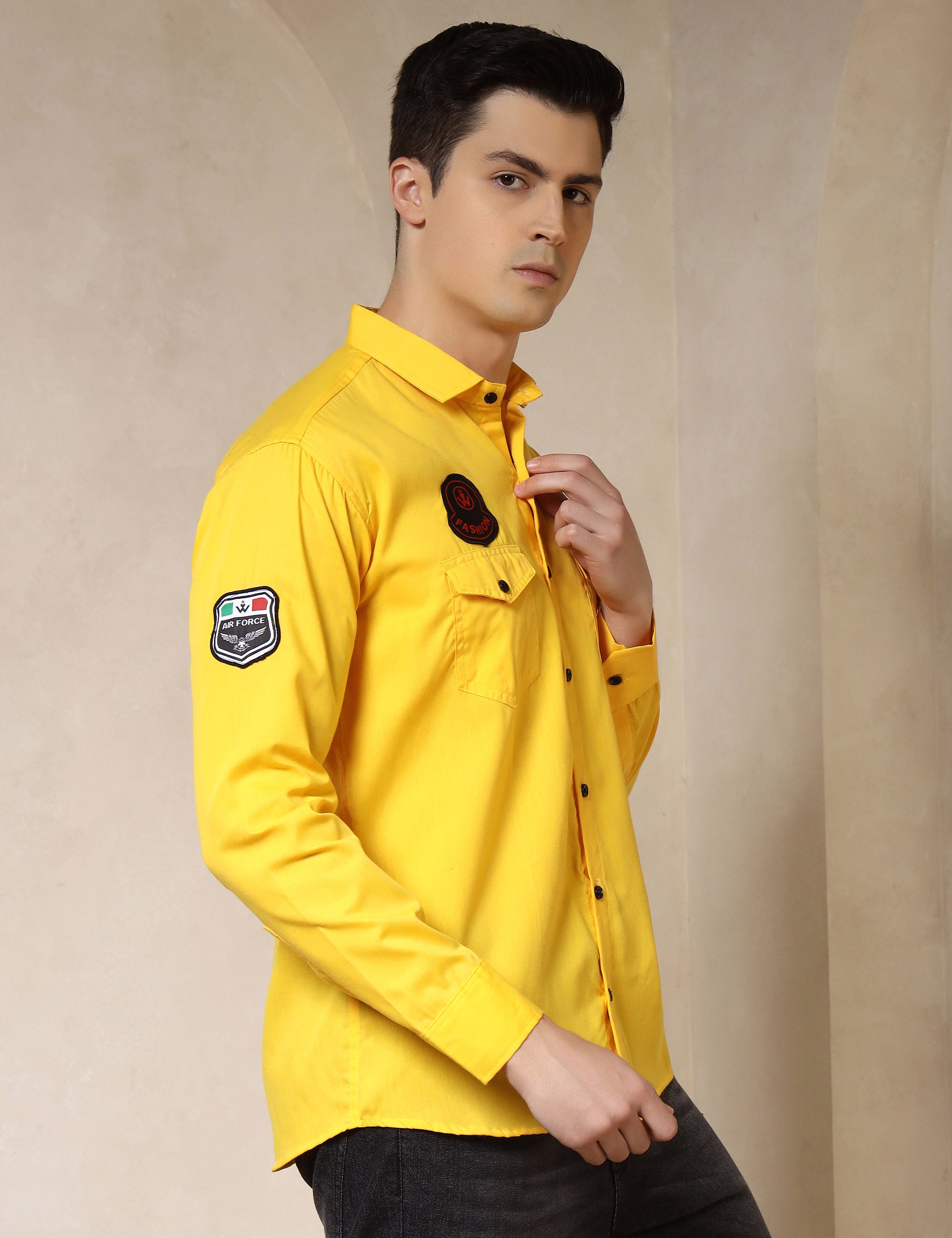 Urban Style Embroidery Patch Yellow Cotton Blend Shirt